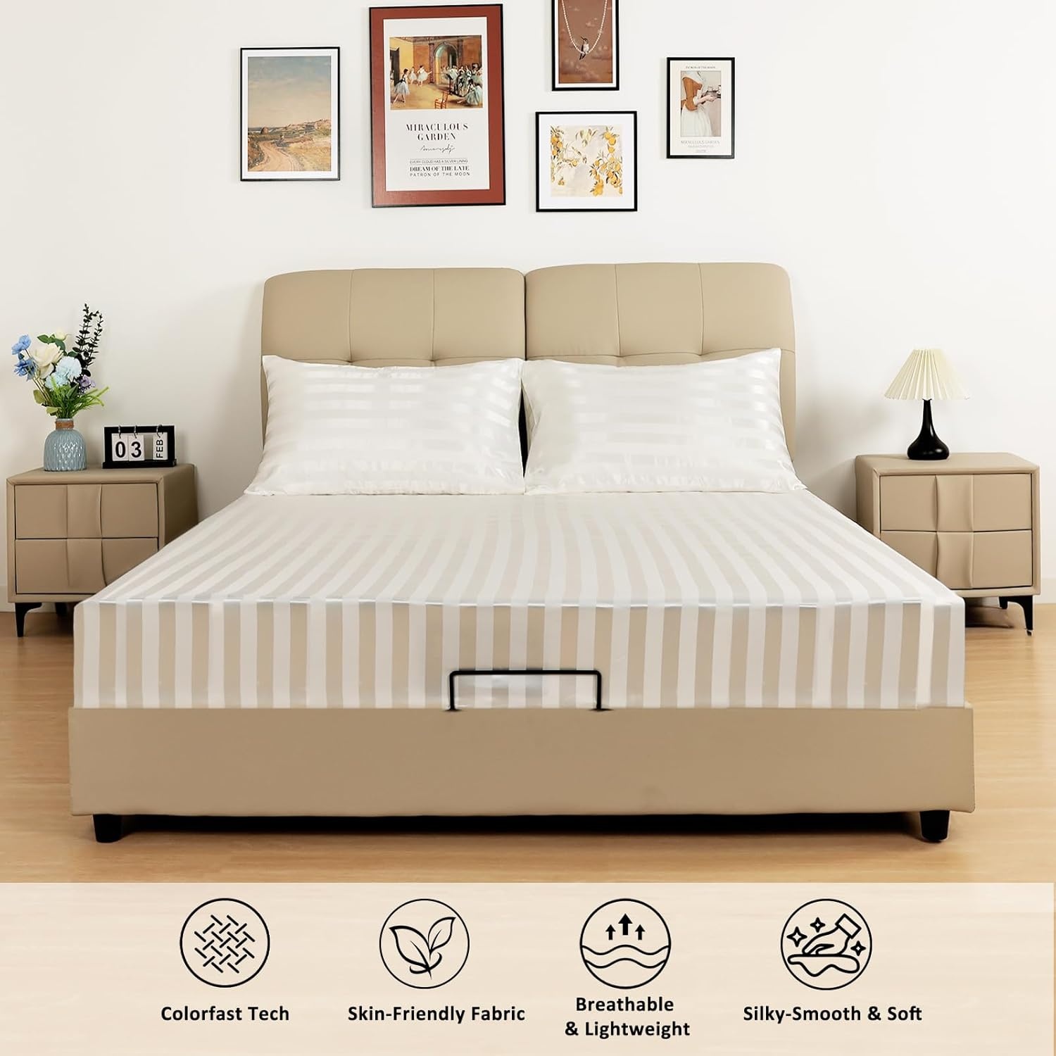 image:image3Piece Bedding Bundle 1 Twin Fitted Sheet amp 2 Queen Pillowcases White Stripes Soft amp WrinkleResistant
