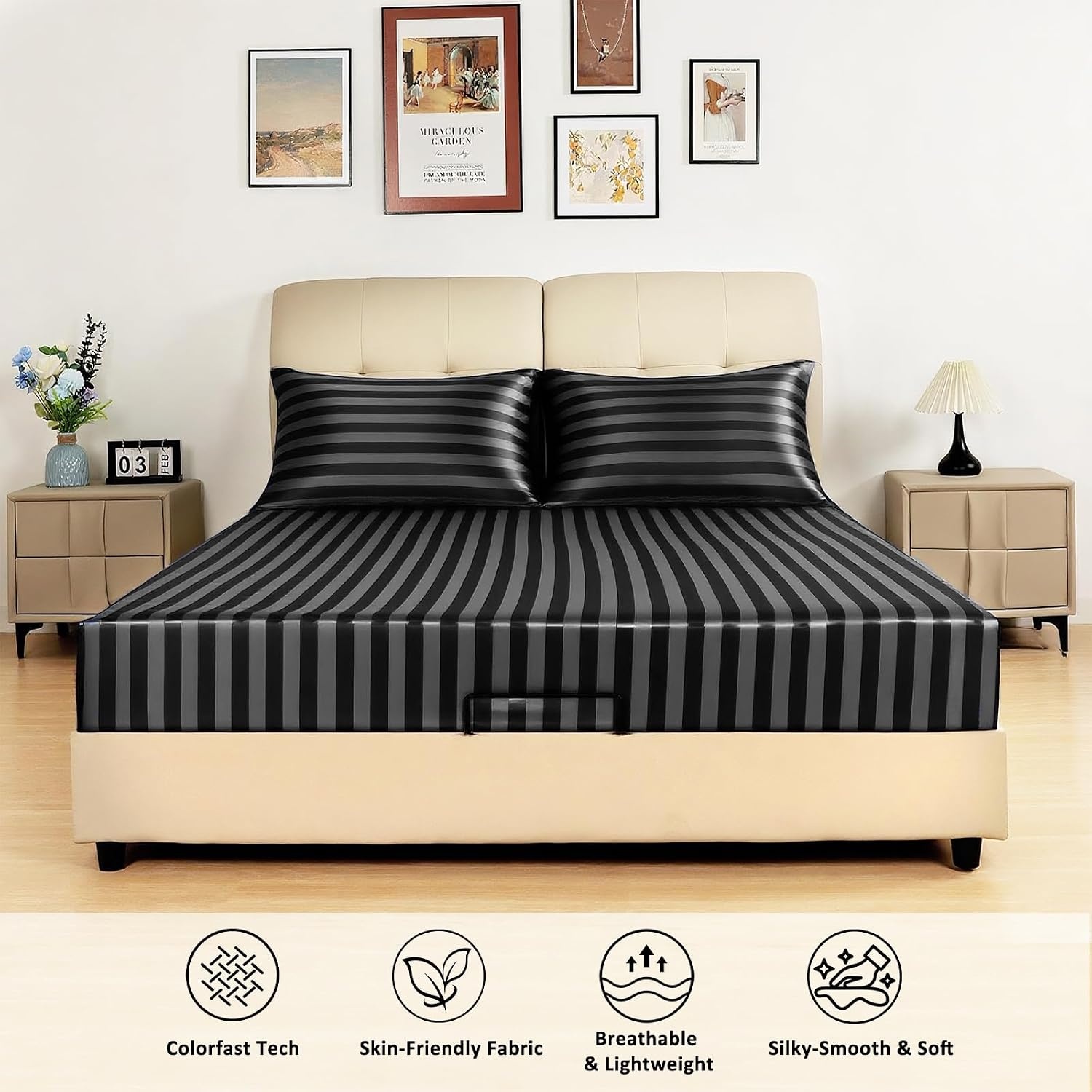 image:image3Piece Bedding Bundle King Fitted Sheet amp 2 Pillowcases 20 x 40 Black Stripes Soft amp WrinkleResistant