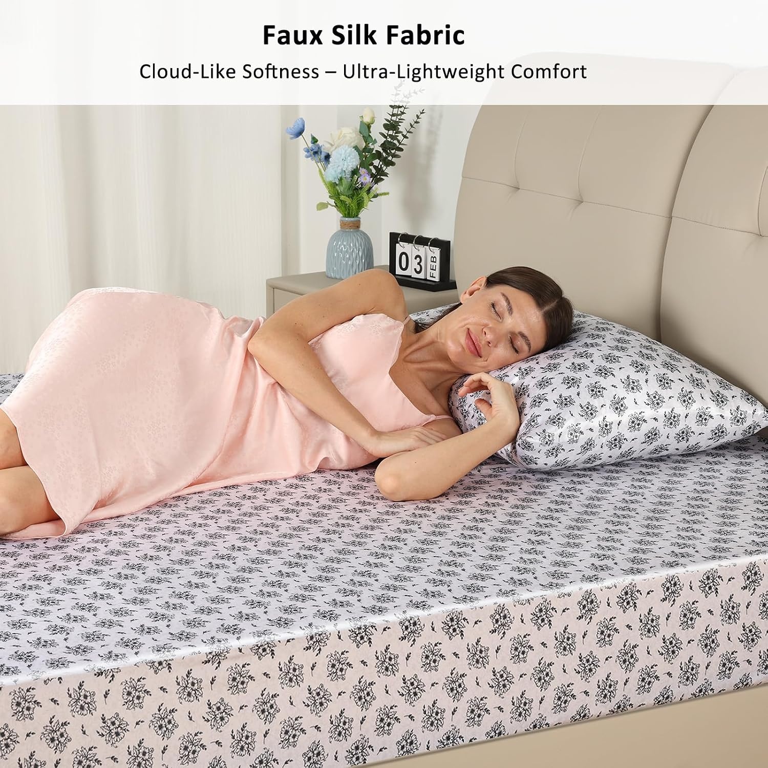 image:image3Piece Satin Bedding Bundle Twin XL Fitted Sheet amp 2 Queen Pillowcases Black Floral Soft amp WrinkleResistant