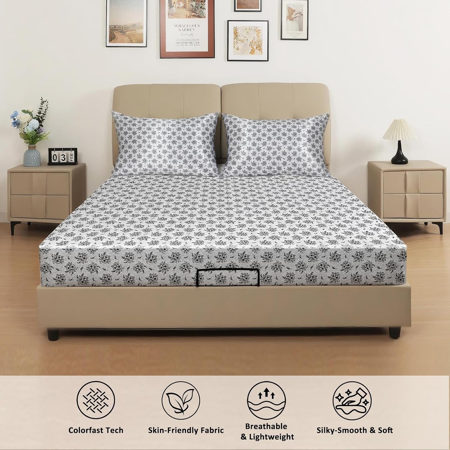 image:image3Piece Satin Bedding Bundle Twin XL Fitted Sheet amp 2 Queen Pillowcases Black Floral Soft amp WrinkleResistant