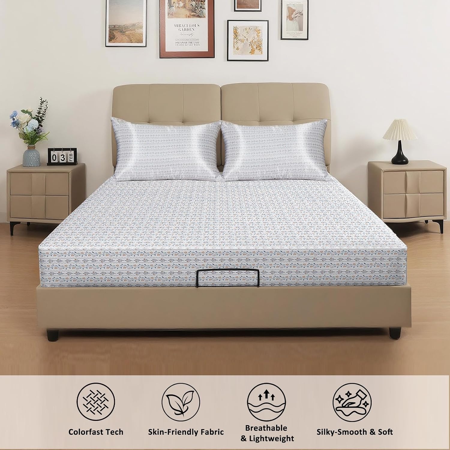 image:image3Piece Satin Bedding Bundle Twin XL Fitted Sheet amp 2 Queen Pillowcases Floral Stripe Ultra Soft amp Easy Care