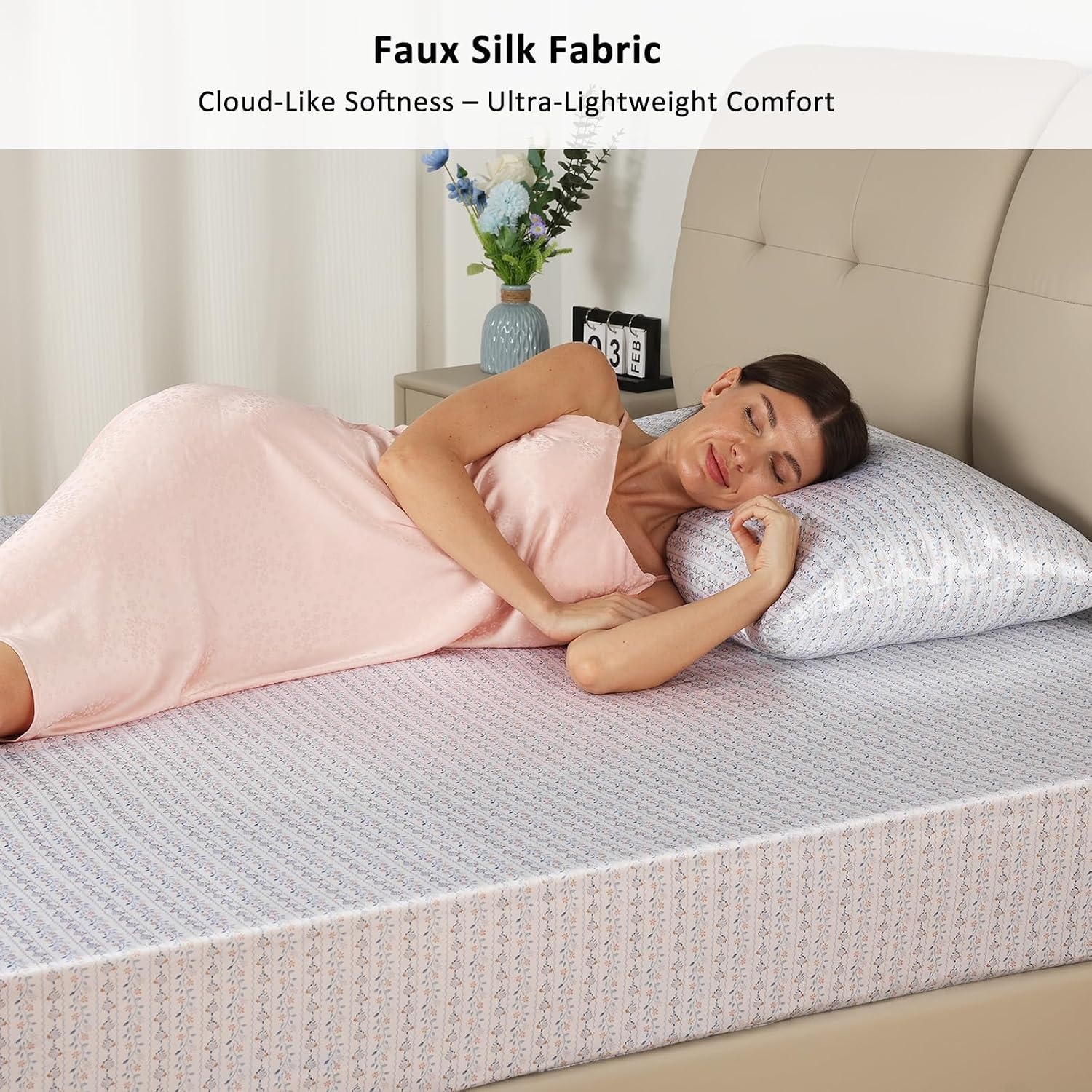 image:image3Piece Satin Bedding Bundle Twin XL Fitted Sheet amp 2 Queen Pillowcases Floral Stripe Ultra Soft amp Easy Care