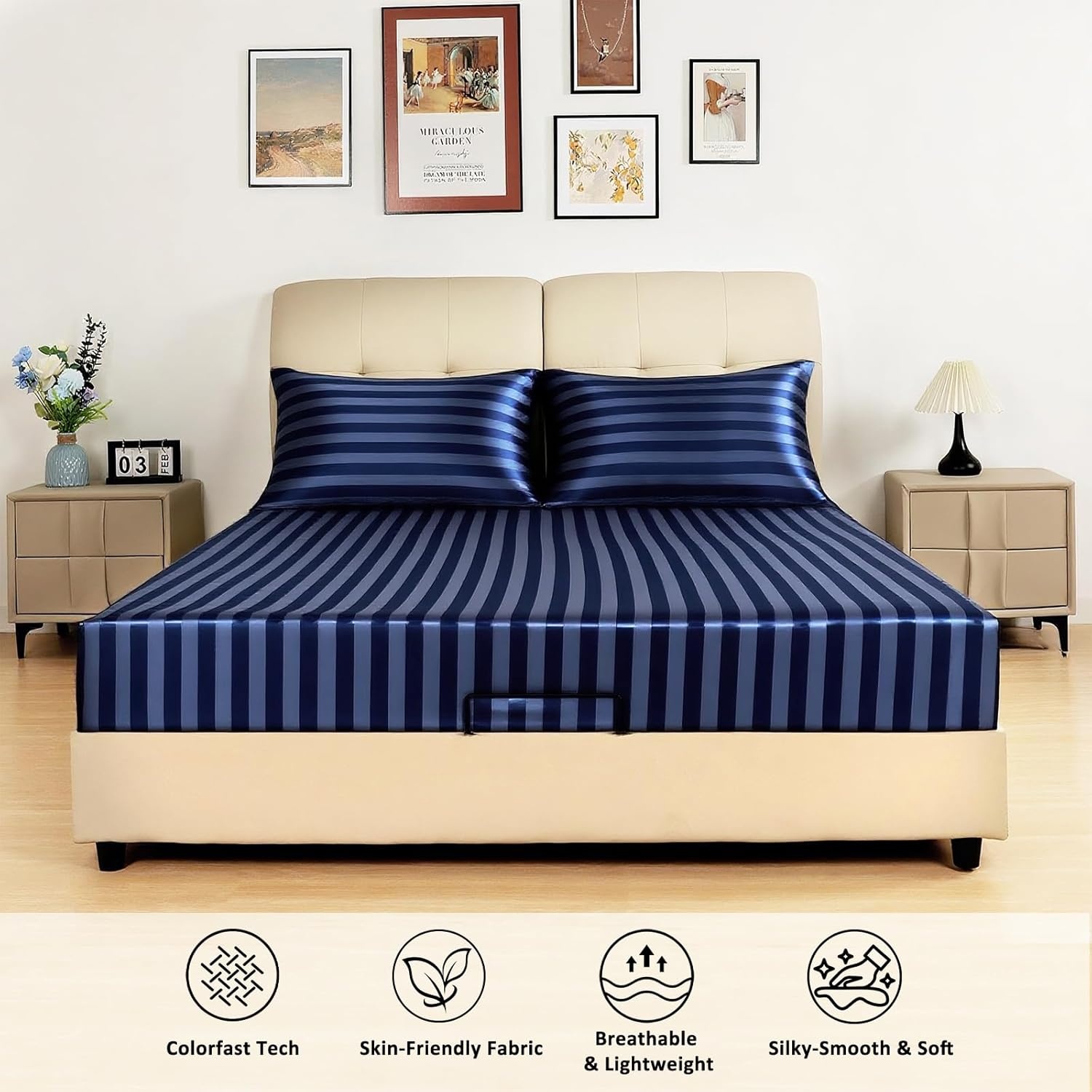 image:image3pcs Bedding Bundle Full Fitted Sheet amp 2 Queen Pillowcases Navy Blue Stripes Ultra Soft amp Easy Care