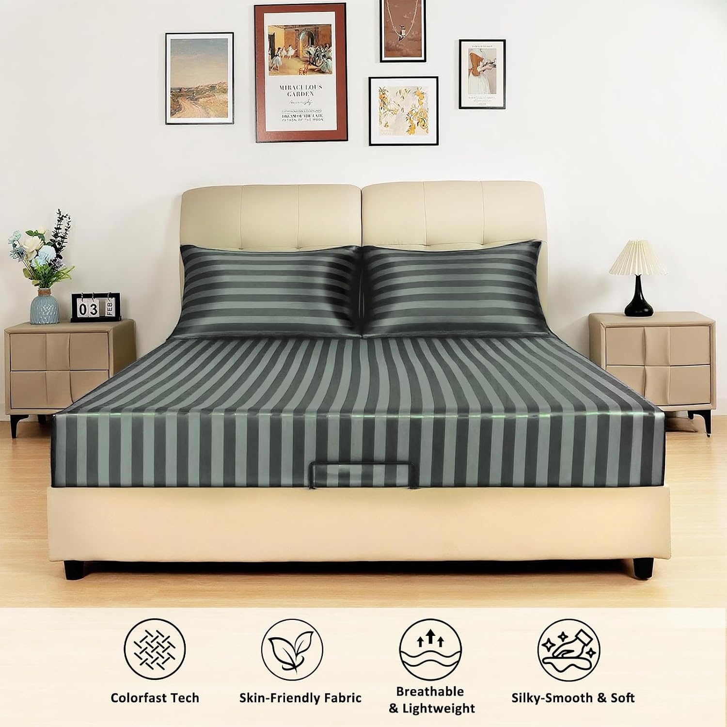 image:image3pcs Bedding Bundle King Fitted Sheet amp 2 Pillowcases 20 x 40 Dark Grey Stripes Ultra Soft amp Easy Care