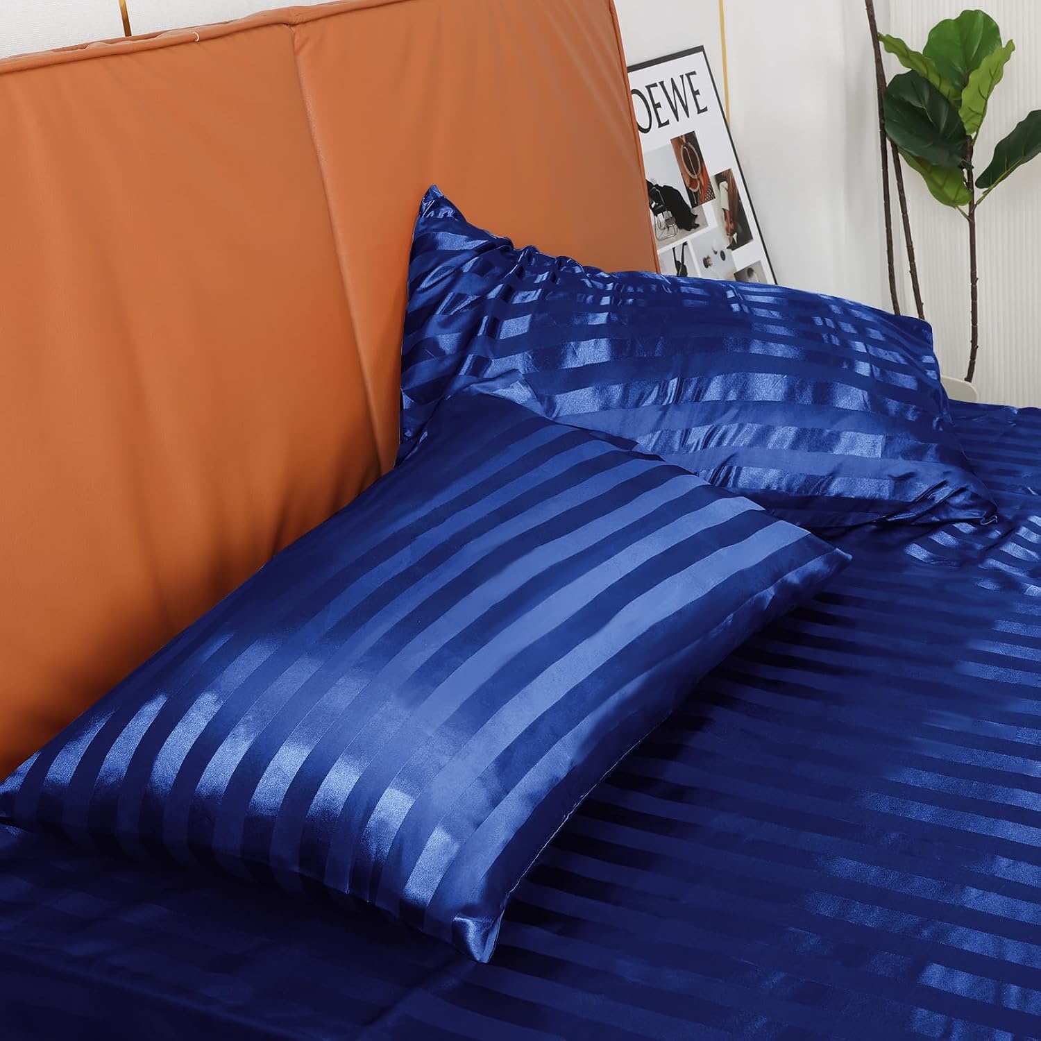 image:image3pcs Bedding Bundle Twin Fitted Sheet amp 2 Queen Pillowcases Navy Blue Stripes Ultra Soft amp Easy Care