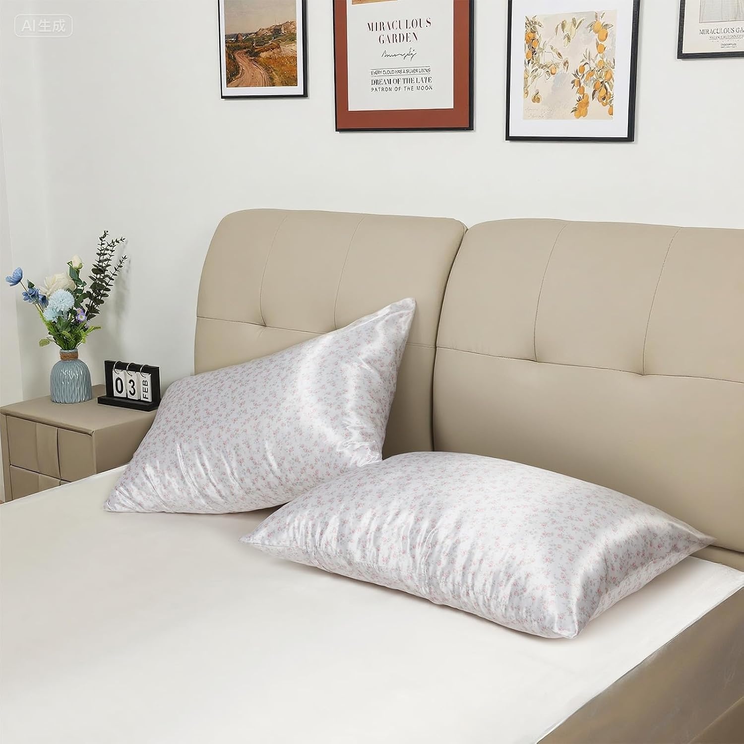 image:image3pcs Satin Bedding Bundle Fitted Sheet amp 2 Pillowcases Queen Size Pink Rose Floral Hair and Skin Care