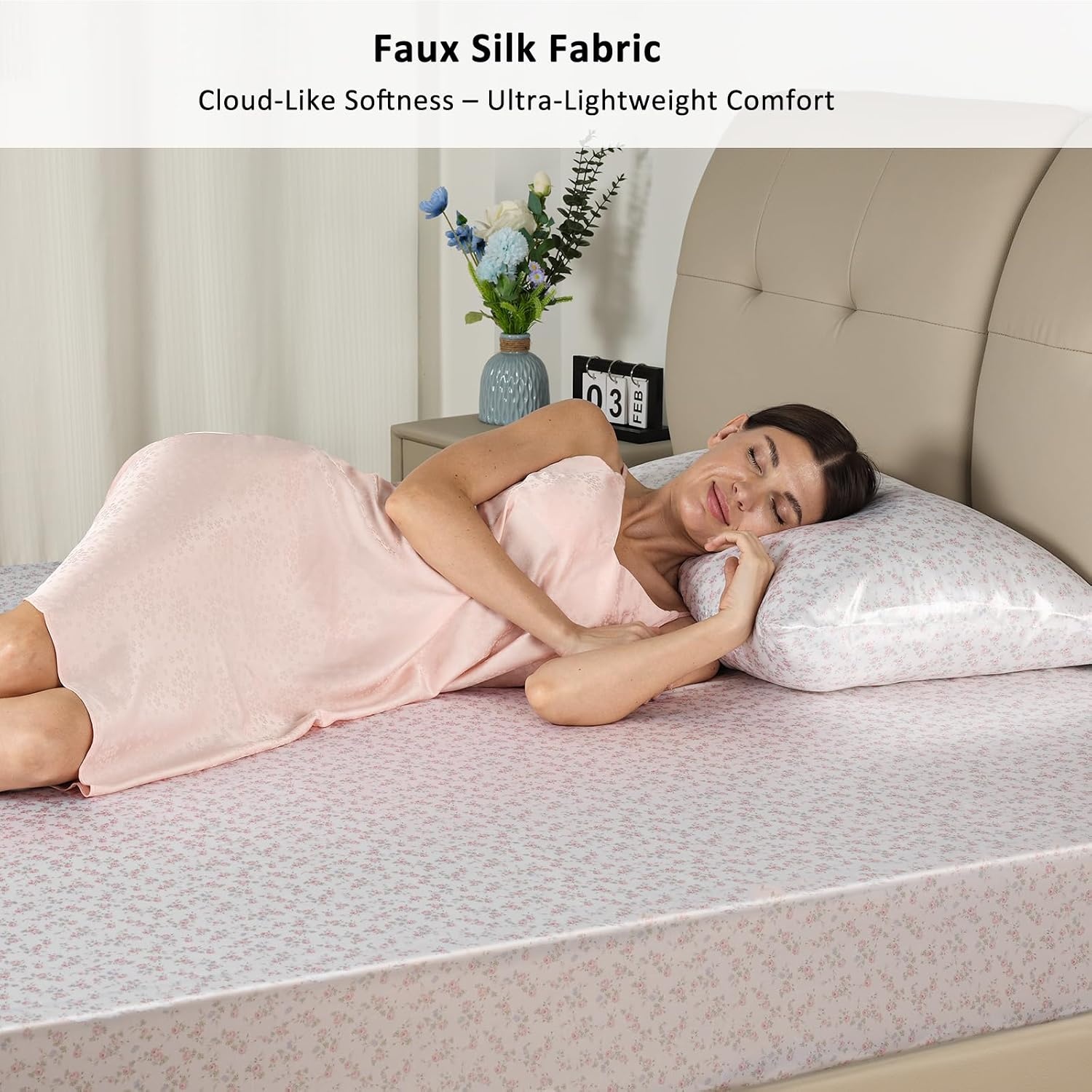 image:image3pcs Satin Bedding Bundle Fitted Sheet amp 2 Pillowcases Queen Size Pink Rose Floral Hair and Skin Care