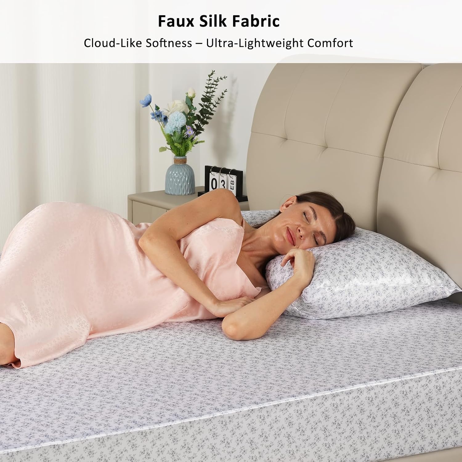 image:image3pcs Satin Bedding Bundle Full Fitted Sheet amp 2 Queen Pillowcases Dark Blue Floral Ultra Soft amp Easy Care