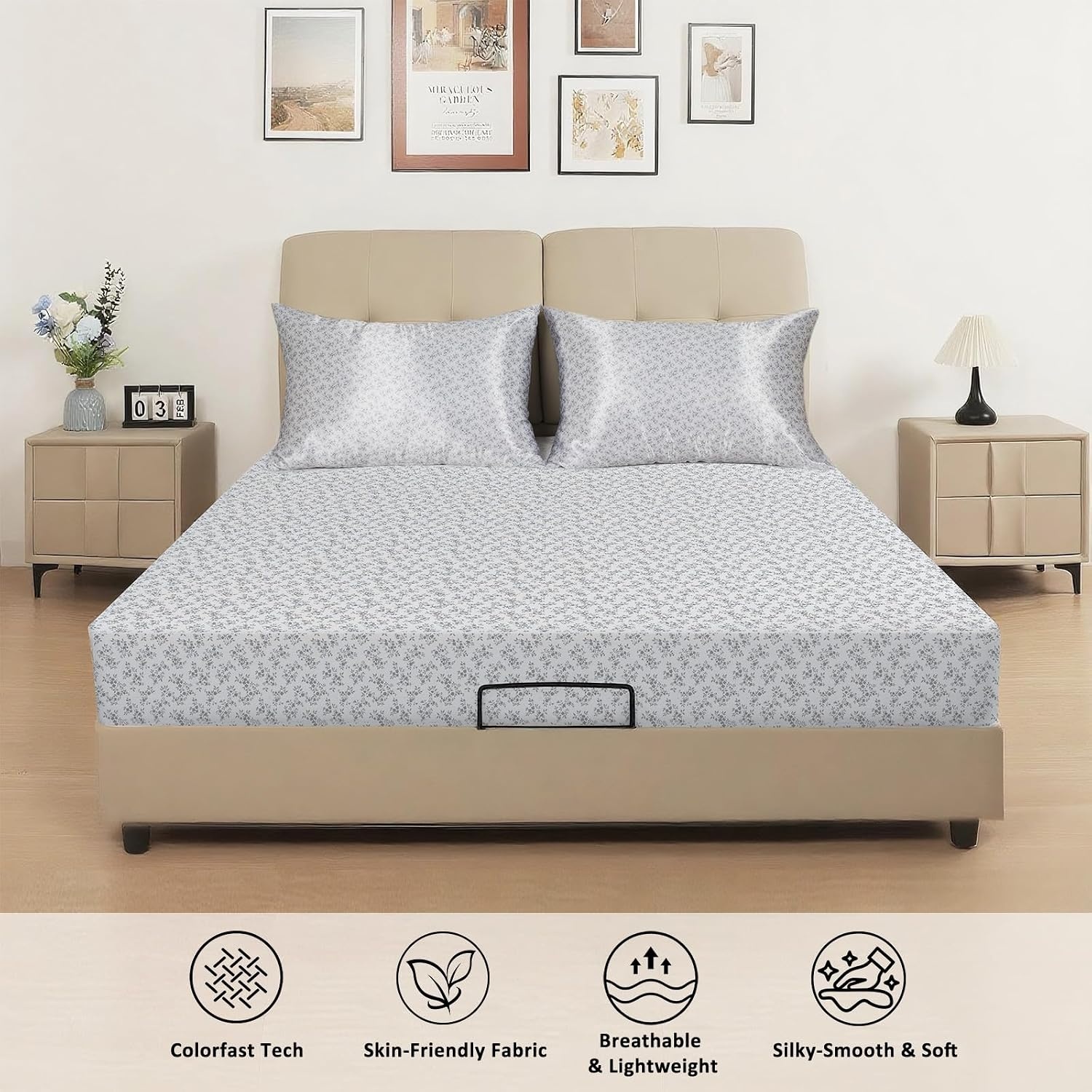 image:image3pcs Satin Bedding Bundle Full Fitted Sheet amp 2 Queen Pillowcases Dark Blue Floral Ultra Soft amp Easy Care