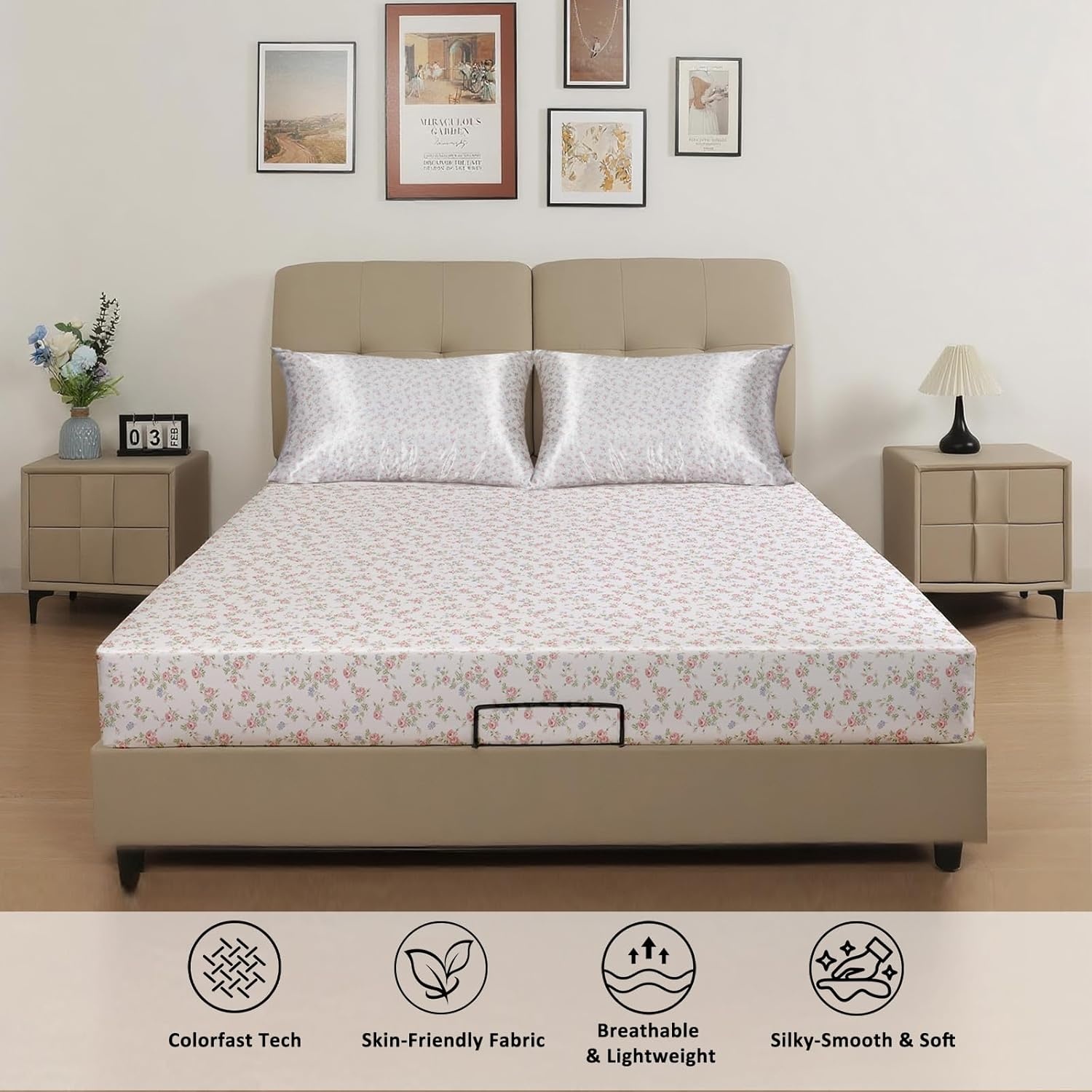 image:image3pcs Satin Bedding Bundle Twin XL Fitted Sheet amp 2 Queen Pillowcases Pink Rose Floral Hair and Skin Care