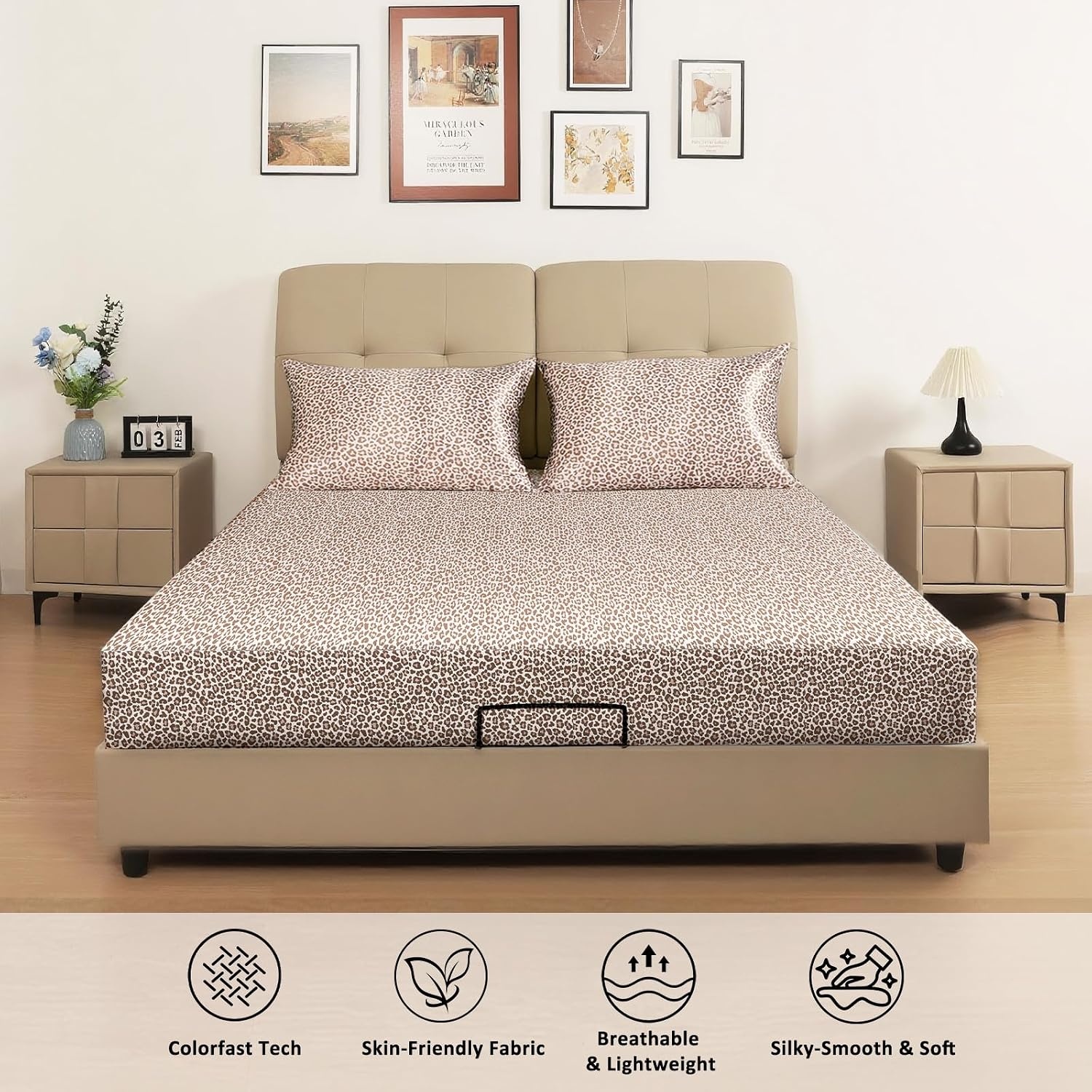 image:imageFitted Sheet Bundle with 2 Pillowcases Queen Size 3 Items Cream Leopard Perfect for Seasonal Bedding Switch
