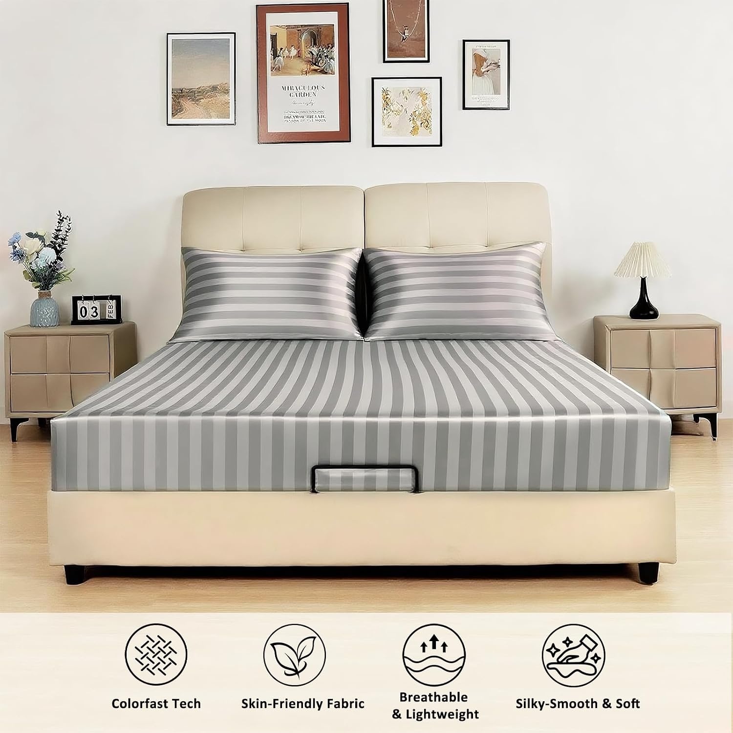 image:imageFitted Sheet Bundle with 2 Pillowcases Queen Size 3 Items Light Grey Stripes Perfect for Seasonal Bedding Switch