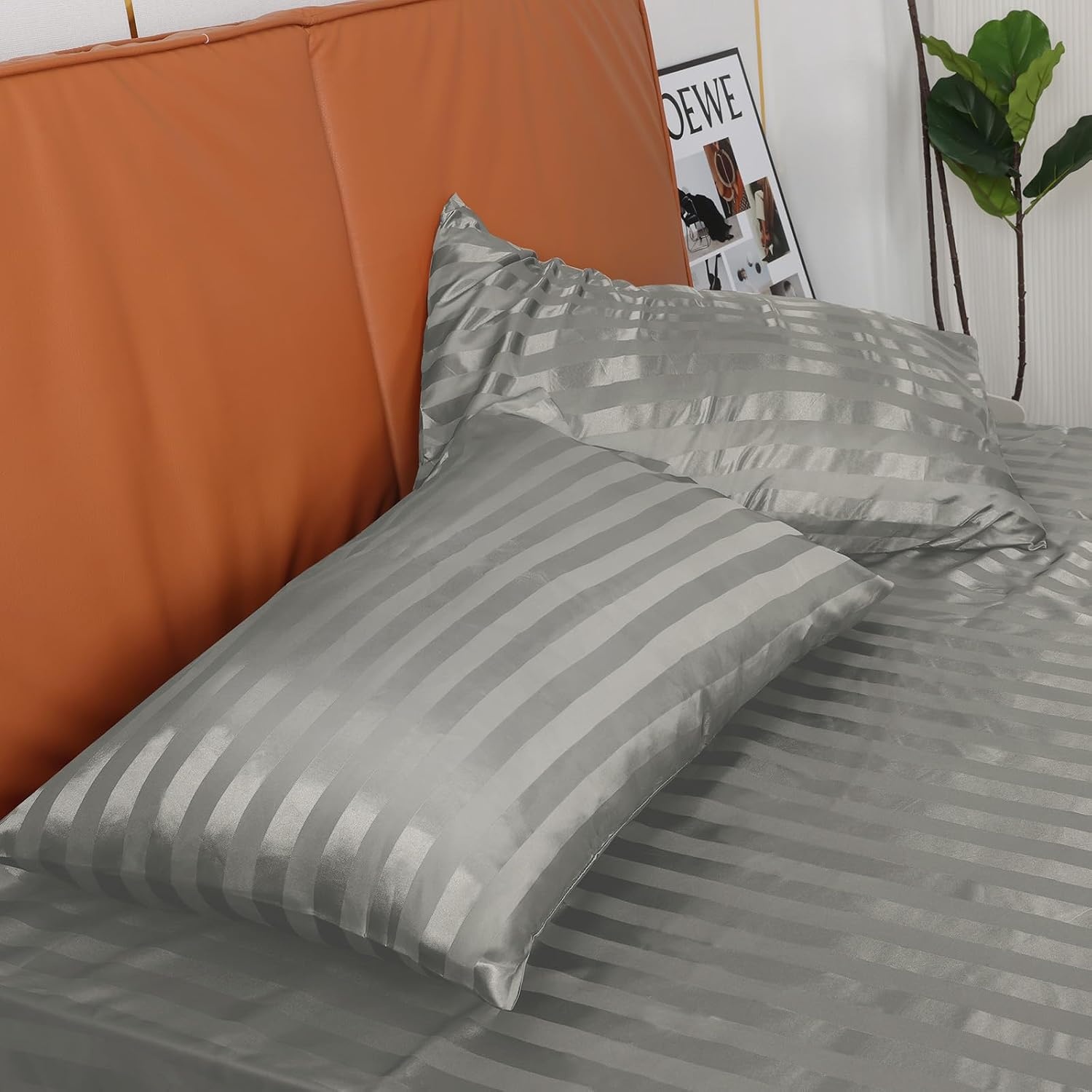 image:imageFitted Sheet Bundle with 2 Pillowcases Queen Size 3 Items Light Grey Stripes Perfect for Seasonal Bedding Switch