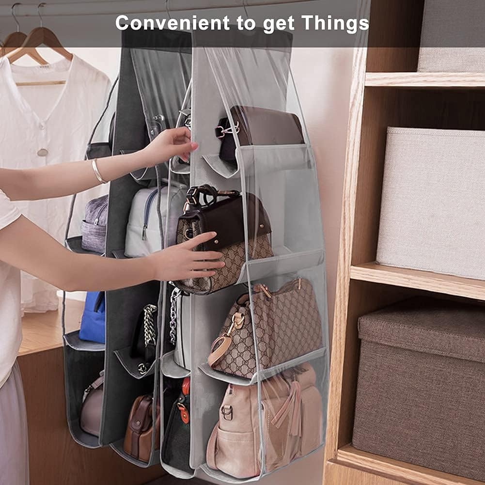 image:imageLirex 2Pack Handbag Hanging Purse Organizer for Closet 8 Pocket Handbag Storage Organizer Hanger Oxford Cloth Closet Organizer for Family Closet Bedroom Foldable and Universal Fit GreyGrey