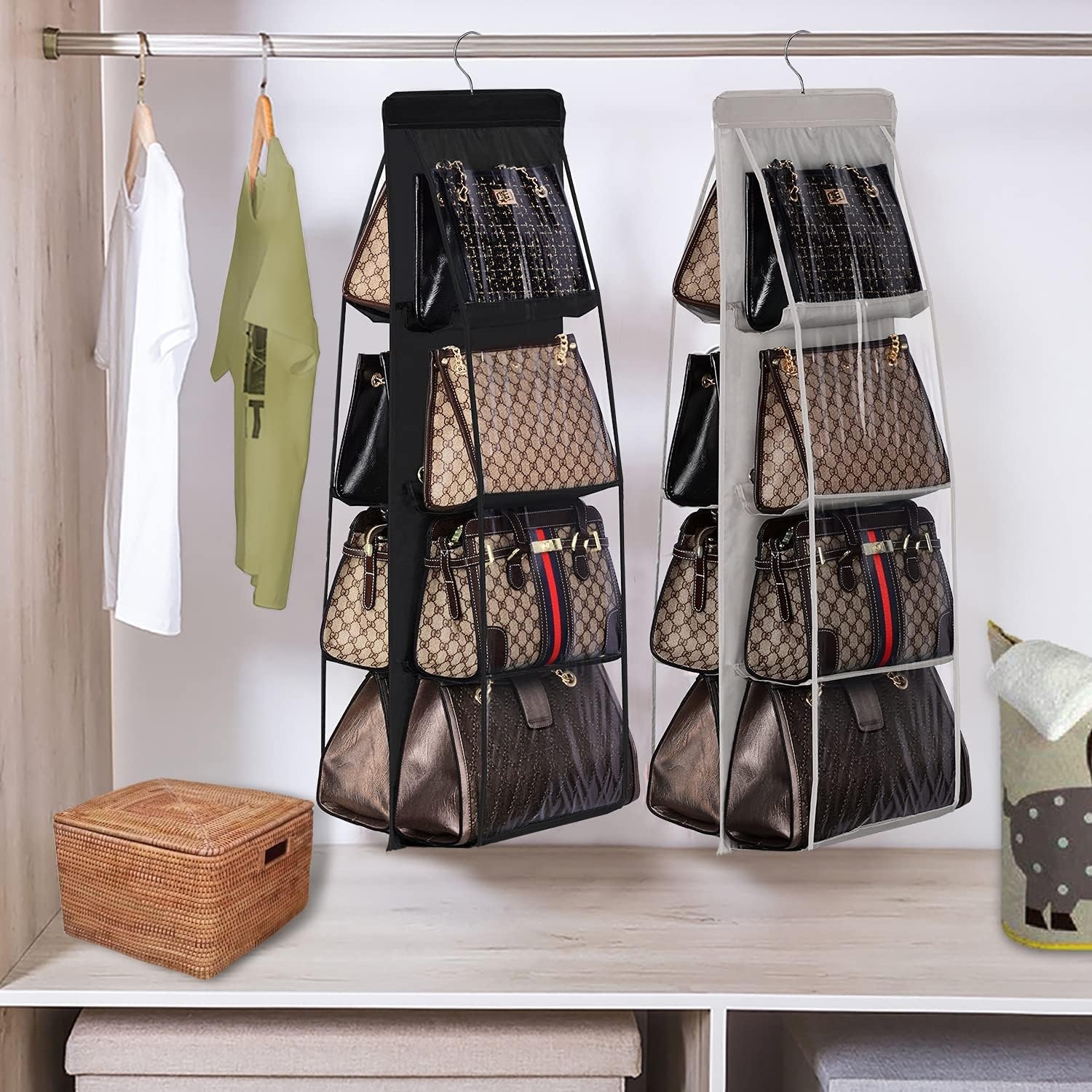 image:imageLirex 2Pack Handbag Hanging Purse Organizer for Closet 8 Pocket Handbag Storage Organizer Hanger Oxford Cloth Closet Organizer for Family Closet Bedroom Foldable and Universal Fit GreyBlack