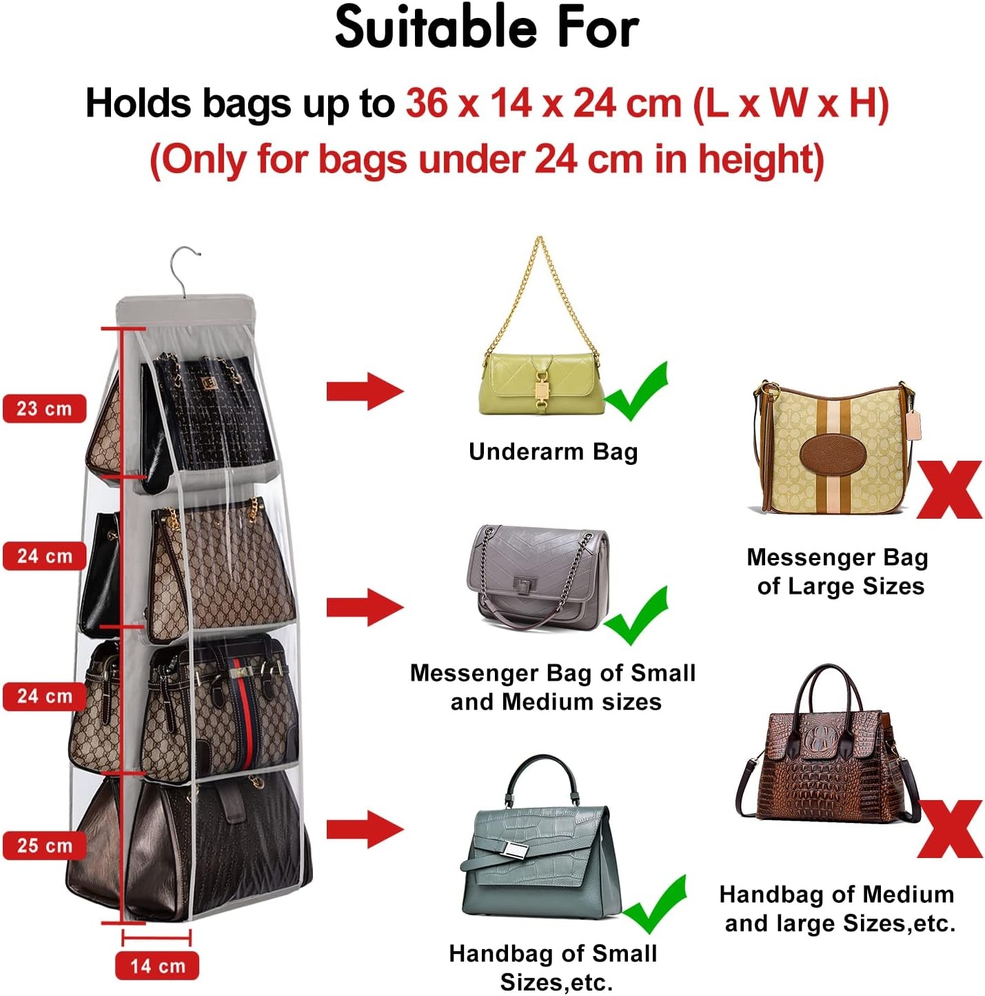 image:imageLirex 2Pack Handbag Hanging Purse Organizer for Closet 8 Pocket Handbag Storage Organizer Hanger Oxford Cloth Closet Organizer for Family Closet Bedroom Foldable and Universal Fit GreyBlue