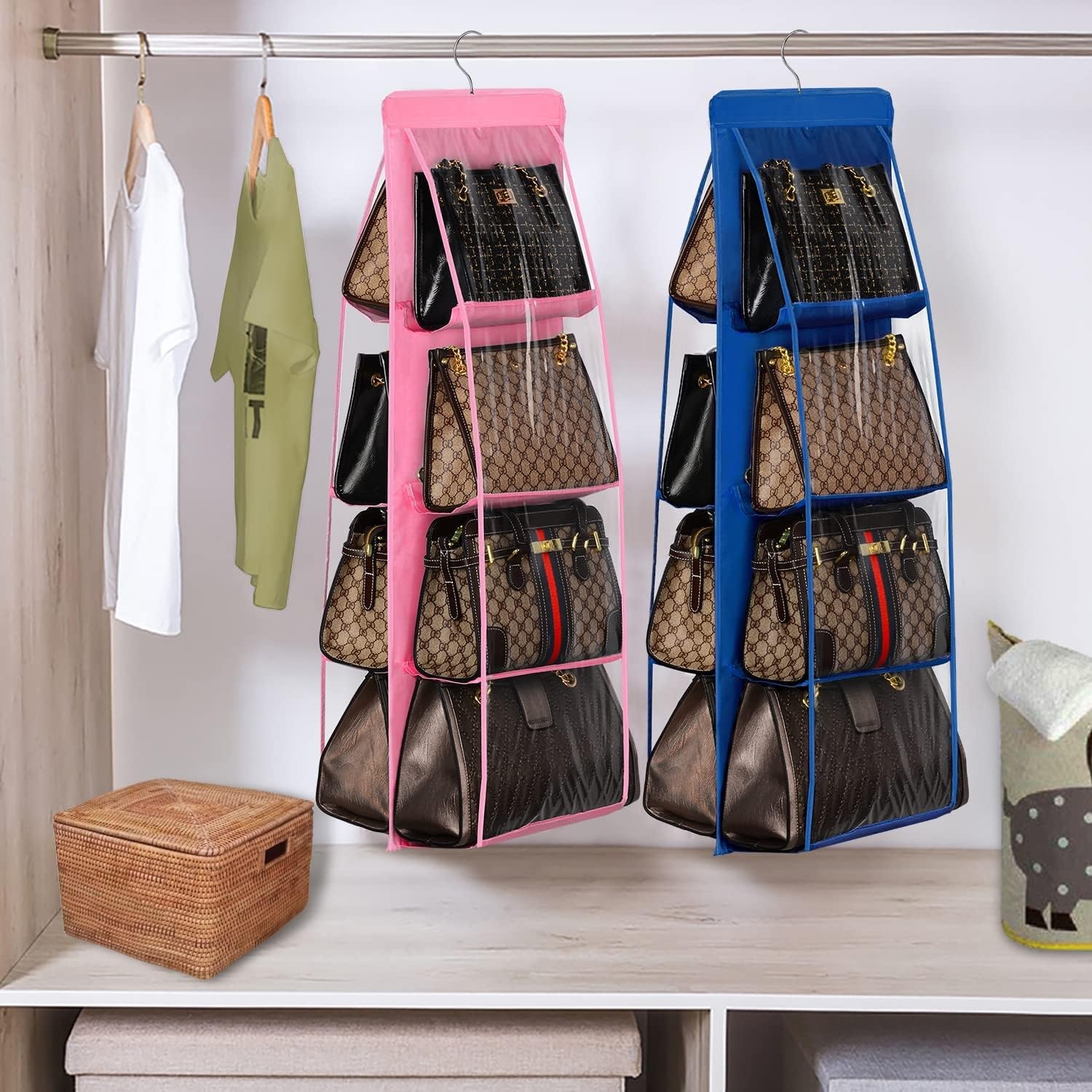 image:imageLirex 2Pack Handbag Hanging Purse Organizer for Closet 8 Pocket Handbag Storage Organizer Hanger Oxford Cloth Closet Organizer for Family Closet Bedroom Foldable and Universal Fit GreyBlue