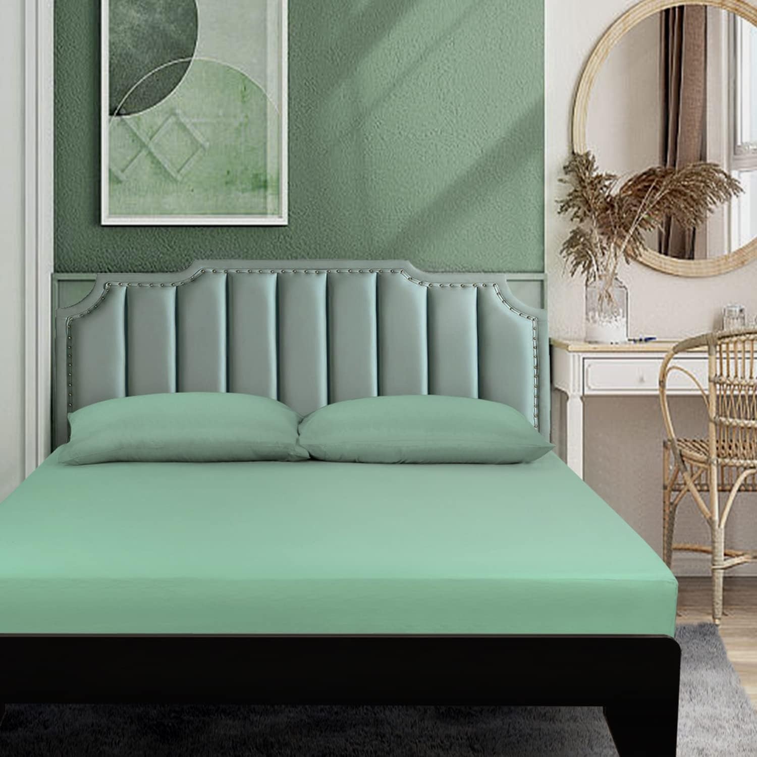 image:imageLirex Fitted Twin Sheet Cotton 300 Thread Count Soft Breathable 810 Deep Pocket Sheet for Hotel HomeDark BlueLight Green