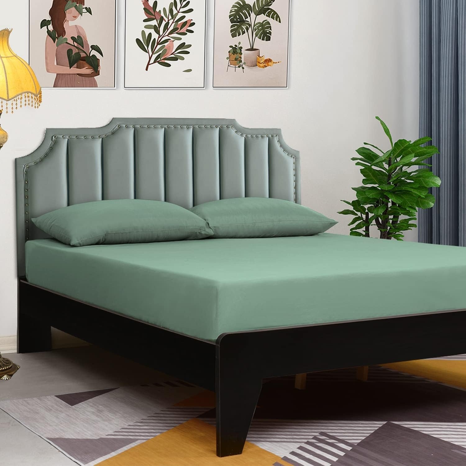 image:imageLirex Fitted Twin Sheet Cotton 300 Thread Count Soft Breathable 810 Deep Pocket Sheet for Hotel HomeDark BlueLight Green