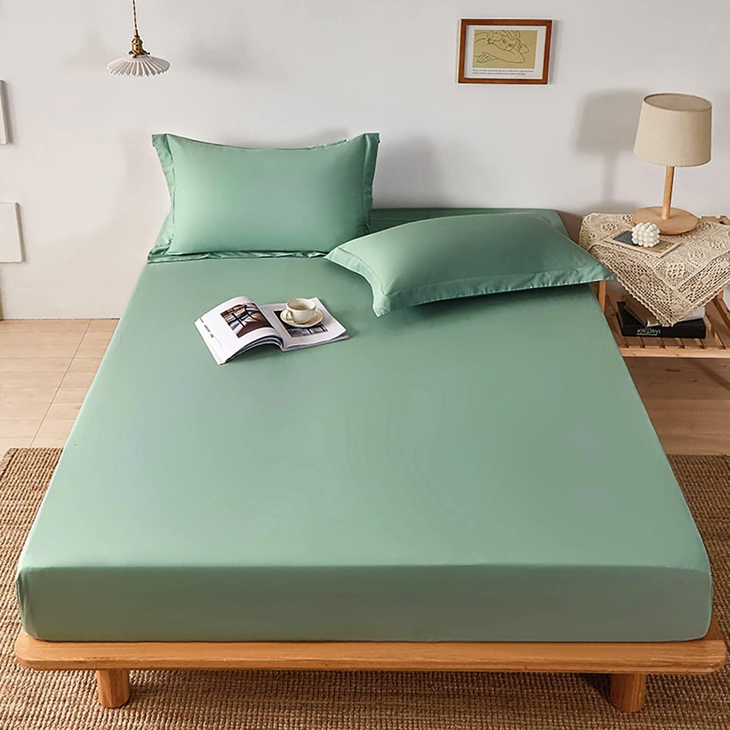 image:imageLirex Fitted Twin Sheet Cotton 300 Thread Count Soft Breathable 810 Deep Pocket Sheet for Hotel HomeDark BlueLight Green