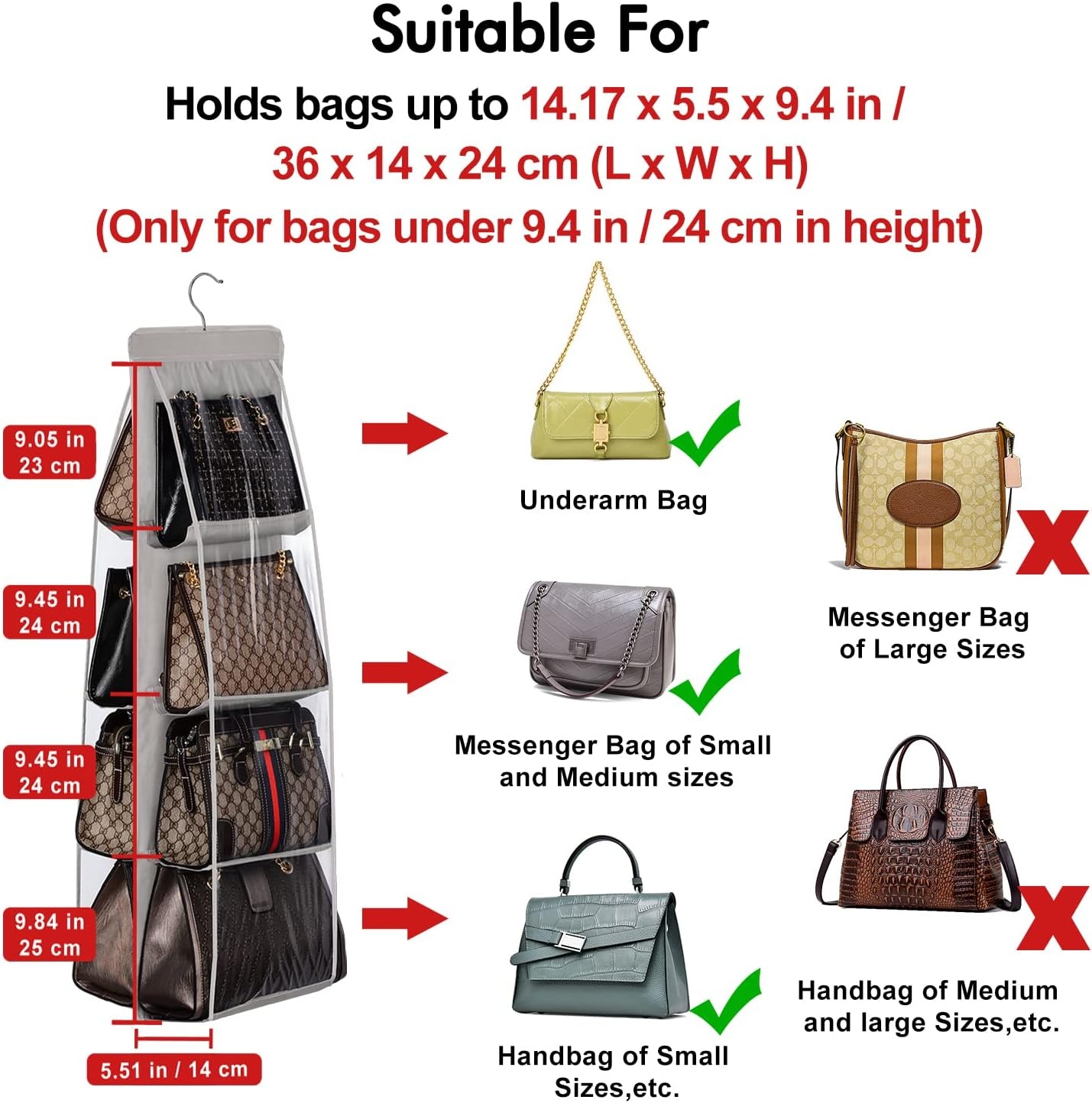image:imageLirex Handbag Hanging Purse Organizer for Closet 8 Pocket Handbag Storage Organizer Hanger Oxford Cloth Closet Organizer for Family Closet Bedroom Foldable and Universal Fit Dark GreyLight Pink