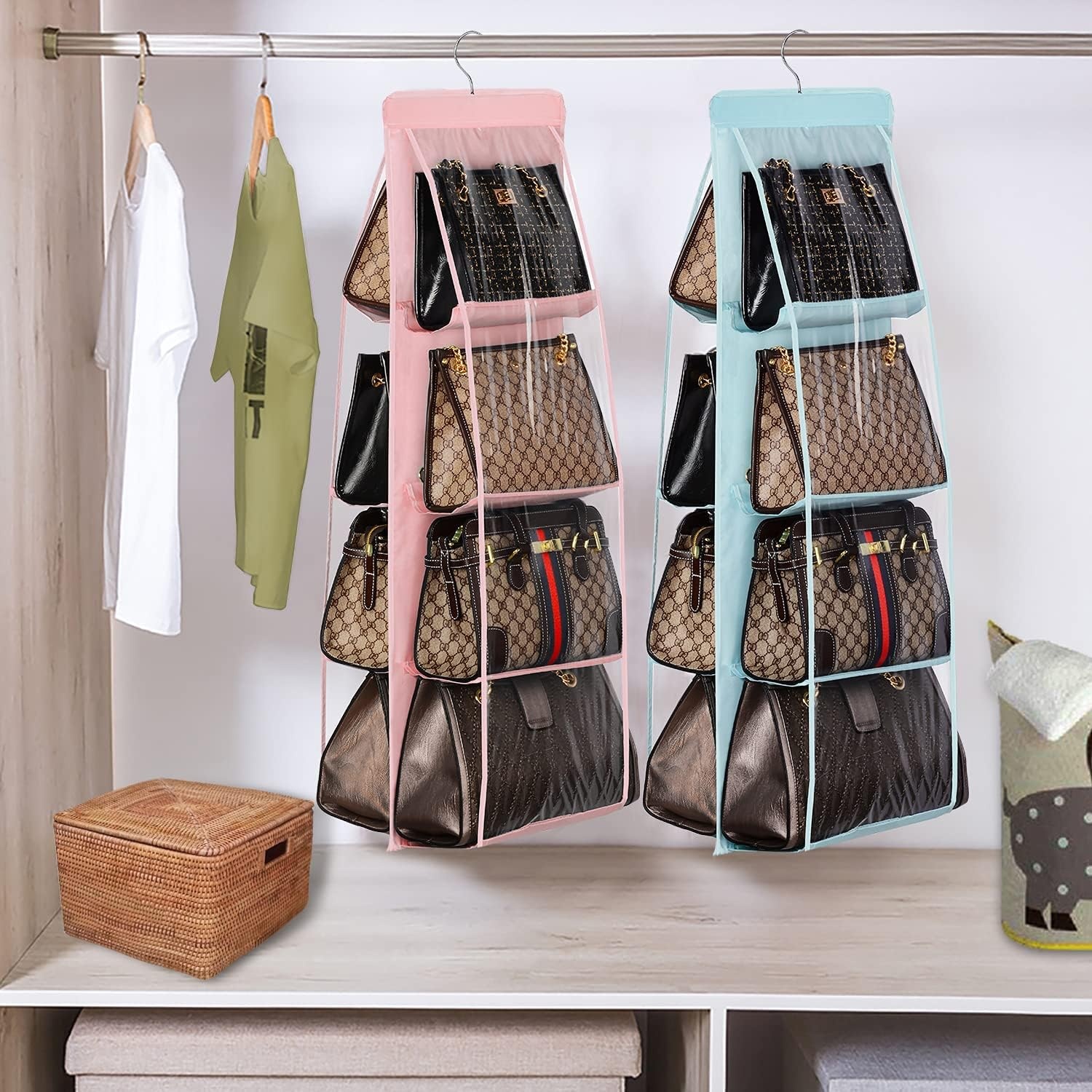 image:imageLirex Handbag Hanging Purse Organizer for Closet 8 Pocket Handbag Storage Organizer Hanger Oxford Cloth Closet Organizer for Family Closet Bedroom Foldable and Universal Fit Dark GreyLight Blue