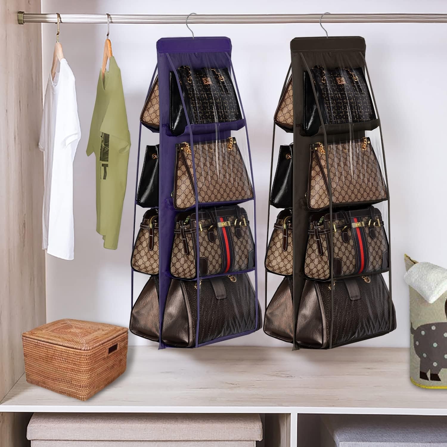 image:imageLirex Handbag Hanging Purse Organizer for Closet 8 Pocket Handbag Storage Organizer Hanger Oxford Cloth Closet Organizer for Family Closet Bedroom Foldable and Universal Fit Dark GreyDark Brown