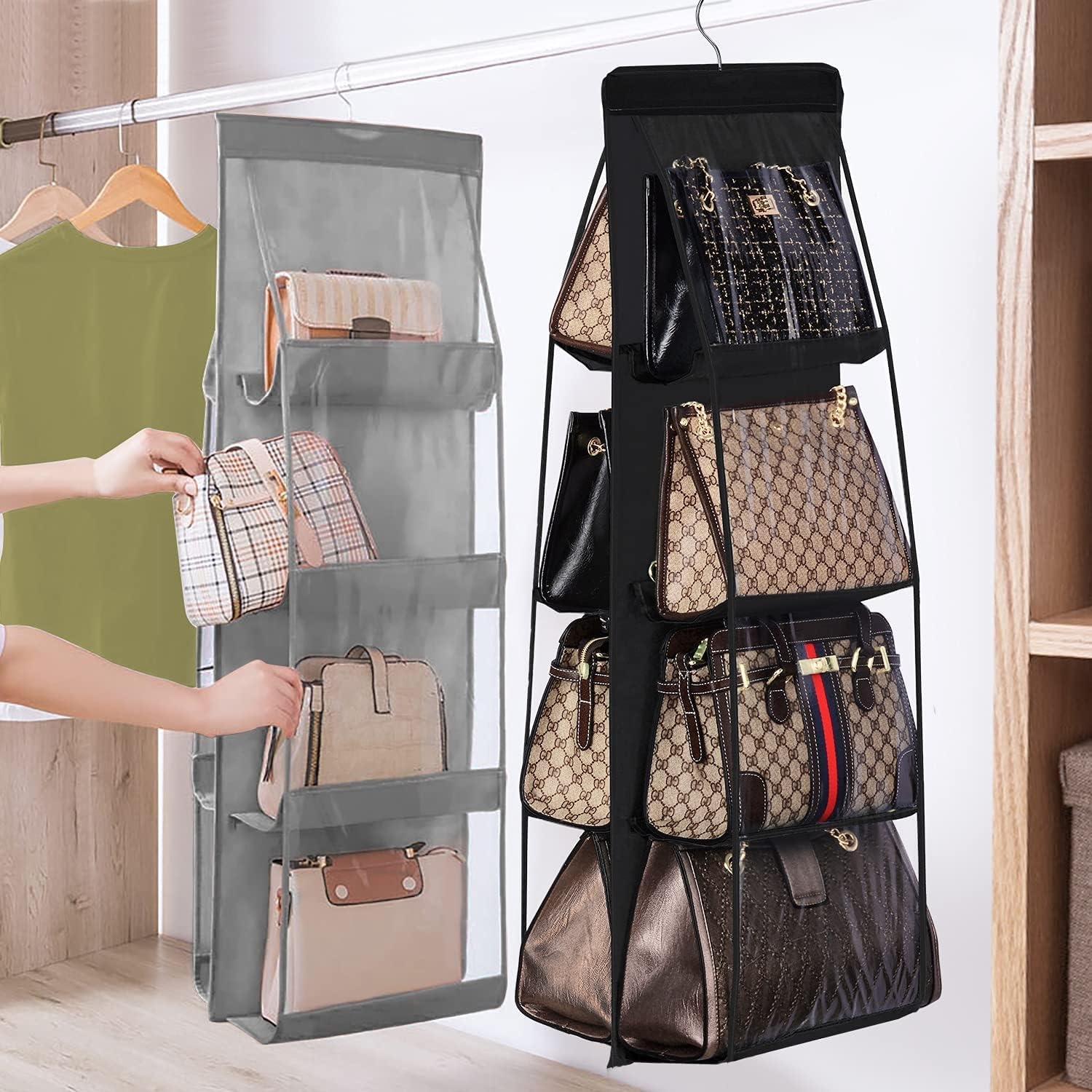 image:imageLirex Handbag Hanging Purse Organizer for Closet 8 Pocket Handbag Storage Organizer Hanger Oxford Cloth Closet Organizer for Family Closet Bedroom Foldable and Universal Fit Dark GreyBlack