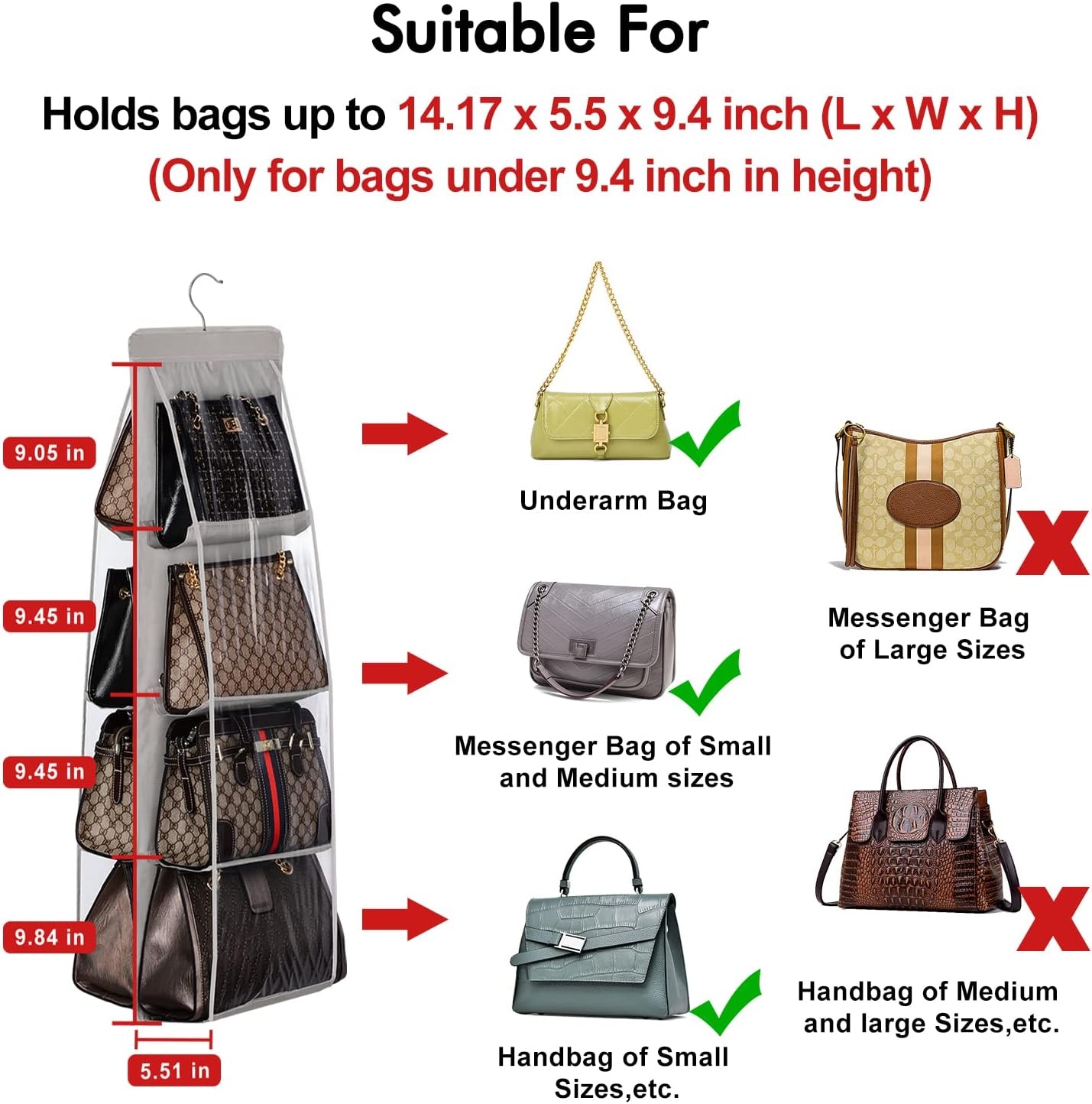 image:imageLirex Handbag Hanging Purse Organizer for Closet 8 Pocket Handbag Storage Organizer Hanger Oxford Cloth Closet Organizer for Family Closet Bedroom Foldable and Universal Fit Dark GreyLight Blue