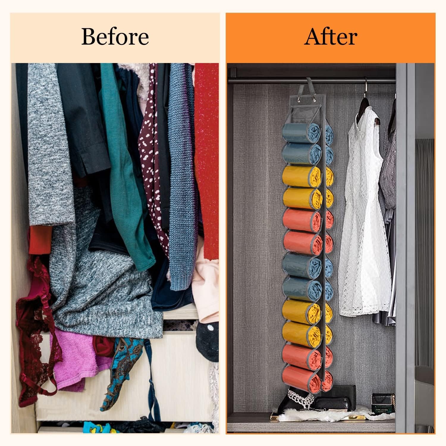 image:imageLirex Hanging Yoga Legging Storage Organizer with 24 Pockets Foldable Oxford Cloth Hanging Closet Organizer Shirts Jeans Storage Hanger Socks Holder for Family Closet Bedroom PinkGray