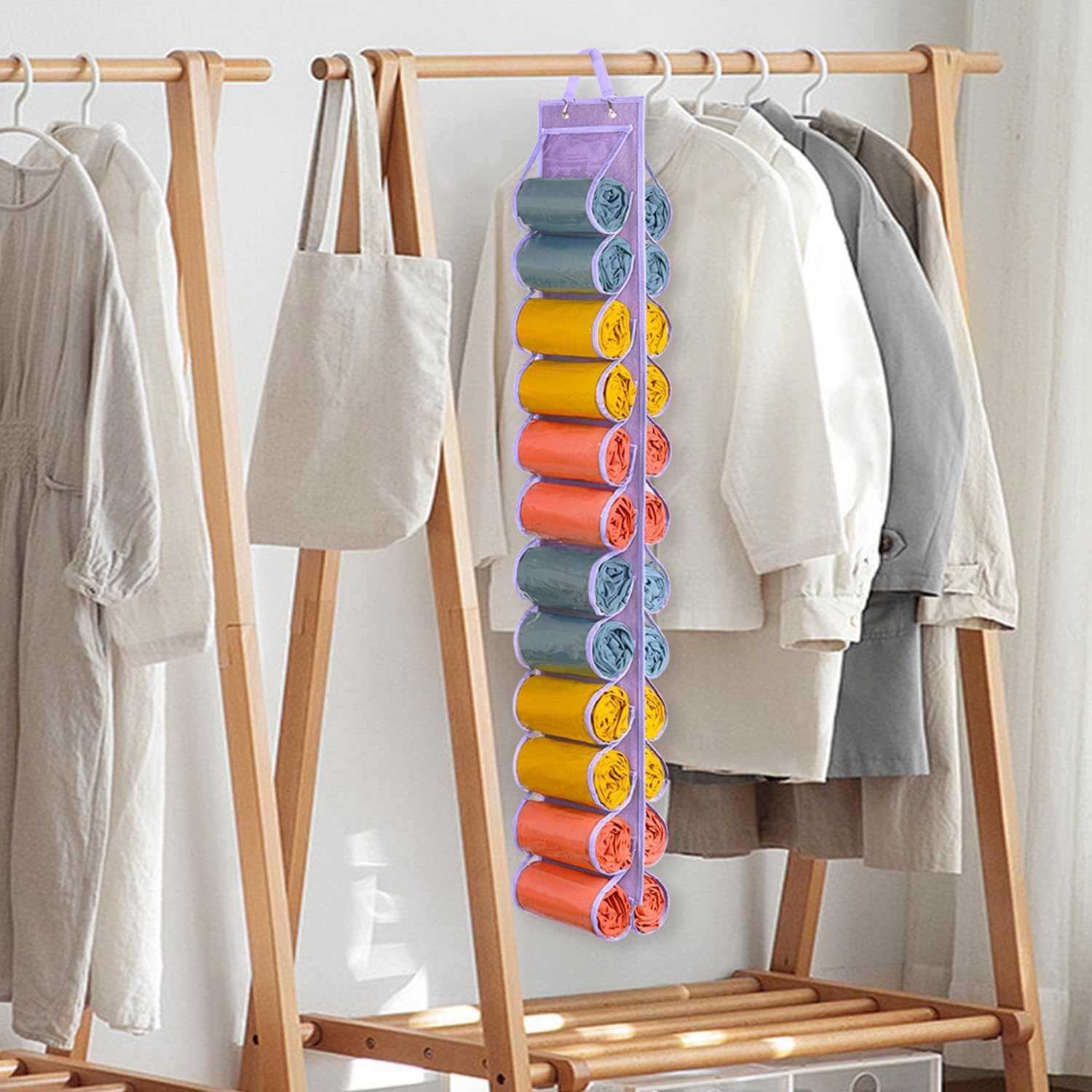 image:imageLirex Hanging Yoga Legging Storage Organizer with 24 Pockets Foldable Oxford Cloth Hanging Closet Organizer Shirts Jeans Storage Hanger Socks Holder for Family Closet Bedroom PinkPurple
