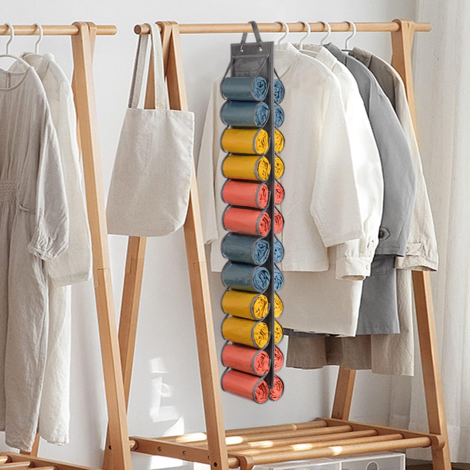 image:imageLirex Hanging Yoga Legging Storage Organizer with 24 Pockets Foldable Oxford Cloth Hanging Closet Organizer Shirts Jeans Storage Hanger Socks Holder for Family Closet Bedroom PinkGray