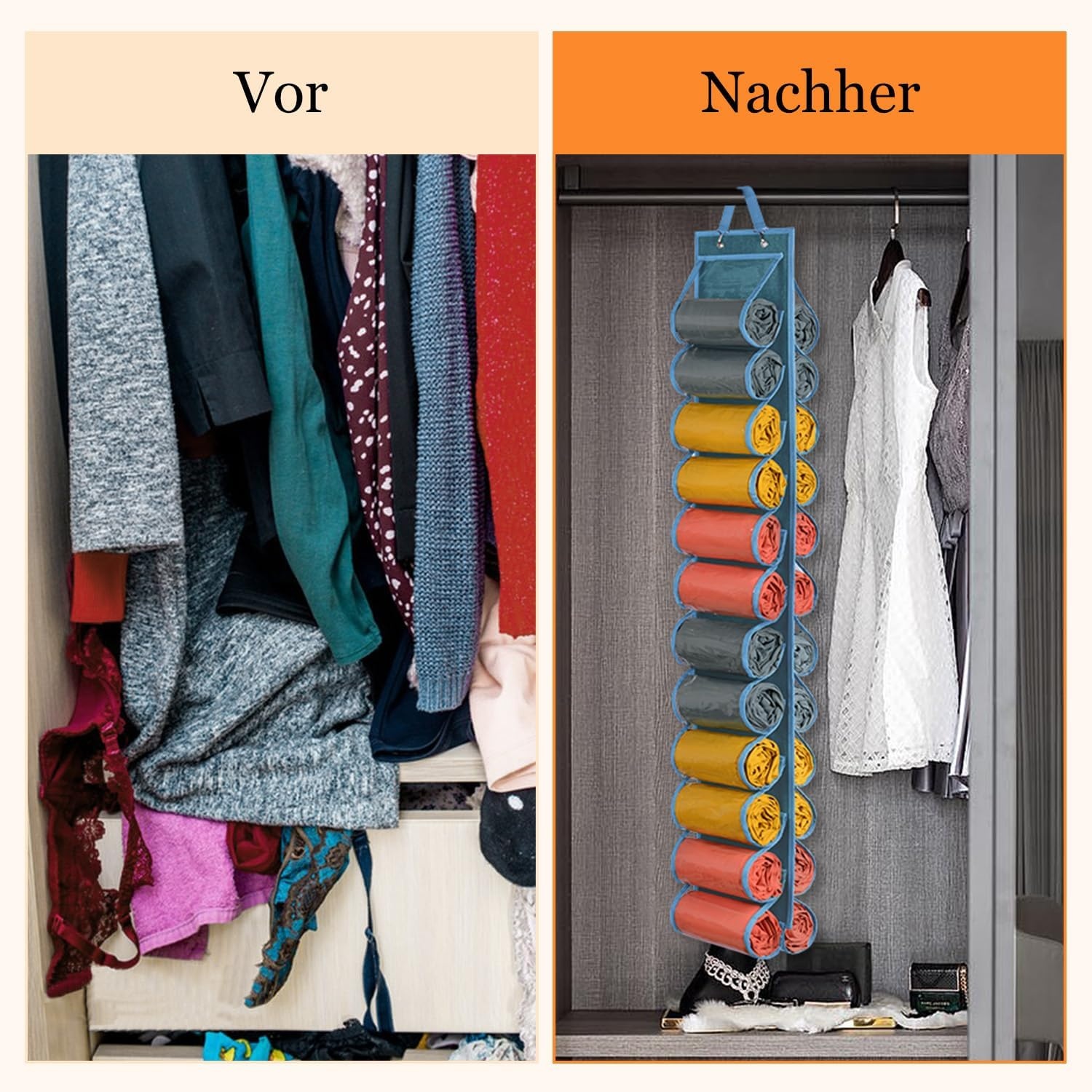 image:imageLirex Hanging Yoga Legging Storage Organizer with 24 Pockets Foldable Oxford Cloth Hanging Closet Organizer Shirts Jeans Storage Hanger Socks Holder for Family Closet Bedroom PinkBlue