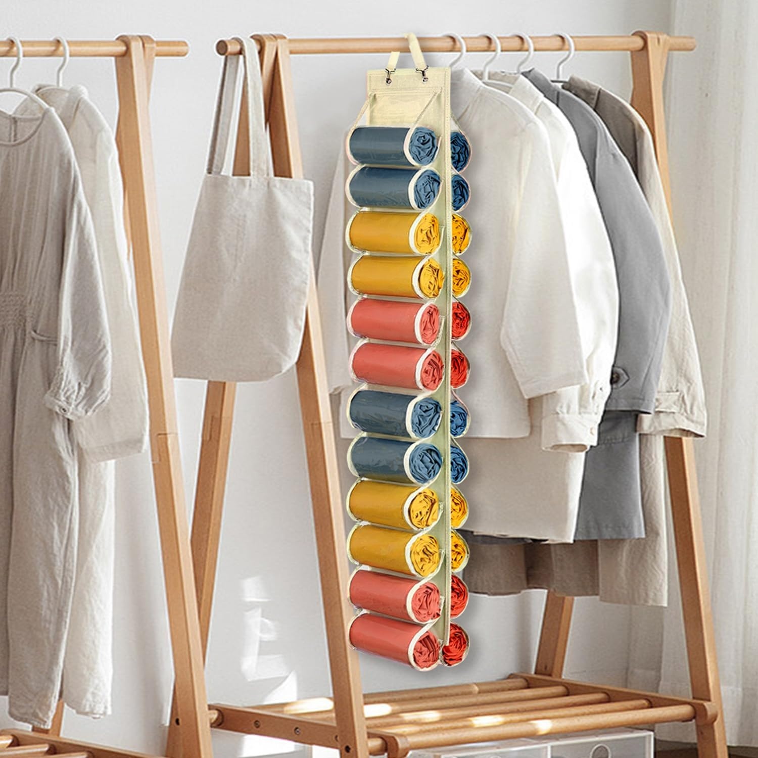 image:imageLirex Hanging Yoga Legging Storage Organizer with 24 Pockets Foldable Oxford Cloth Hanging Closet Organizer Shirts Jeans Storage Hanger Socks Holder for Family Closet Bedroom PinkCream White
