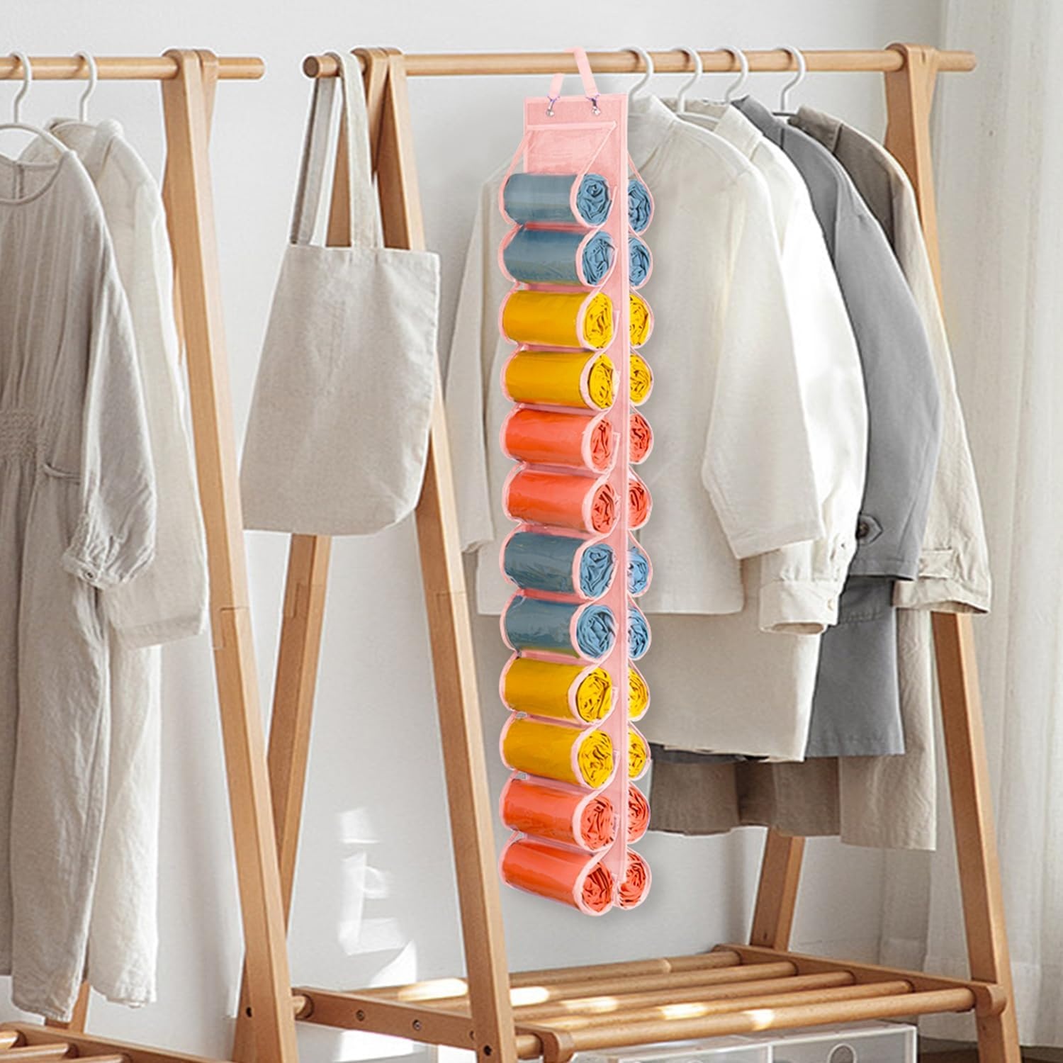 image:imageLirex Hanging Yoga Legging Storage Organizer with 24 Pockets Foldable Oxford Cloth Hanging Closet Organizer Shirts Jeans Storage Hanger Socks Holder for Family Closet Bedroom PinkPink