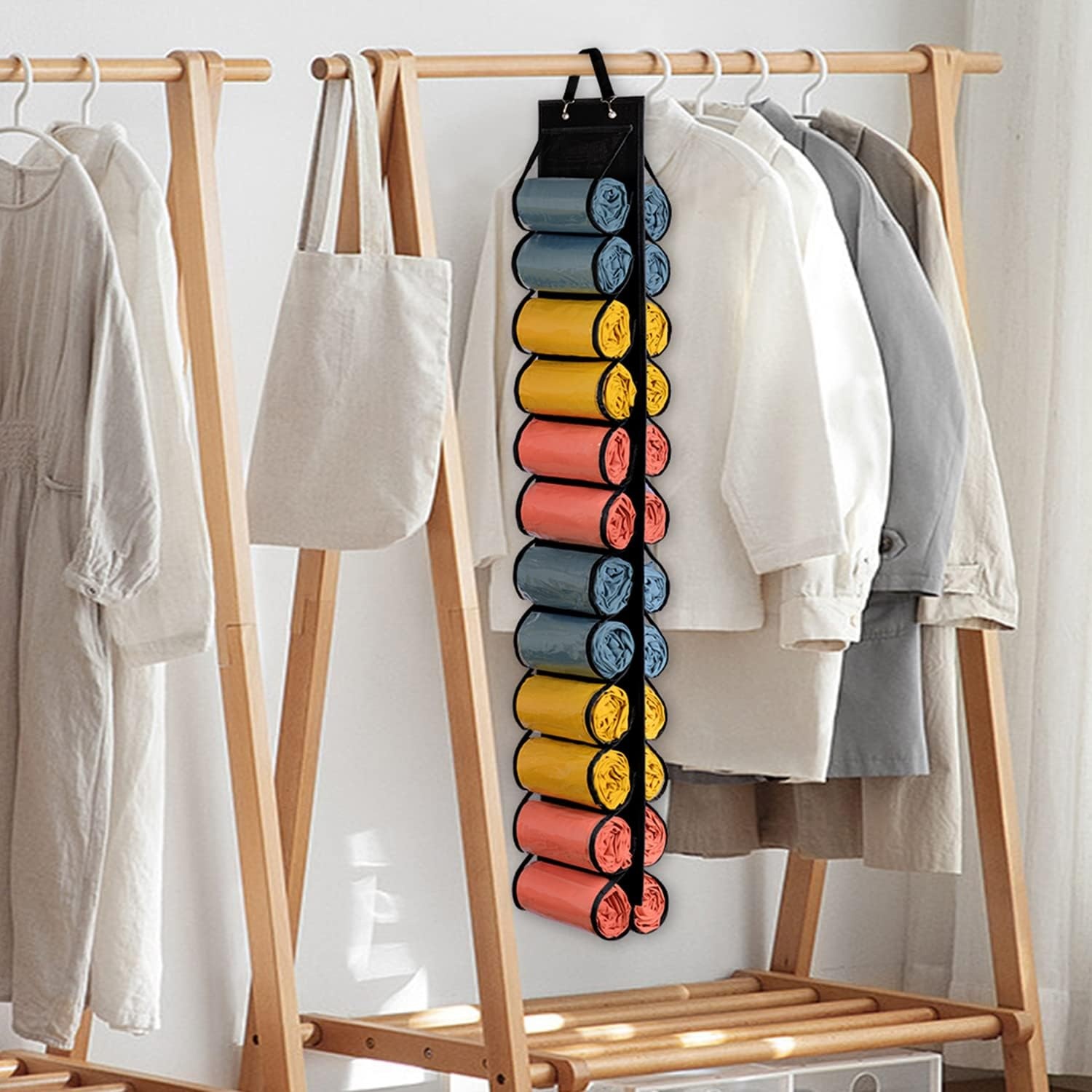 image:imageLirex Hanging Yoga Legging Storage Organizer with 24 Pockets Foldable Oxford Cloth Hanging Closet Organizer Shirts Jeans Storage Hanger Socks Holder for Family Closet Bedroom PinkBlack