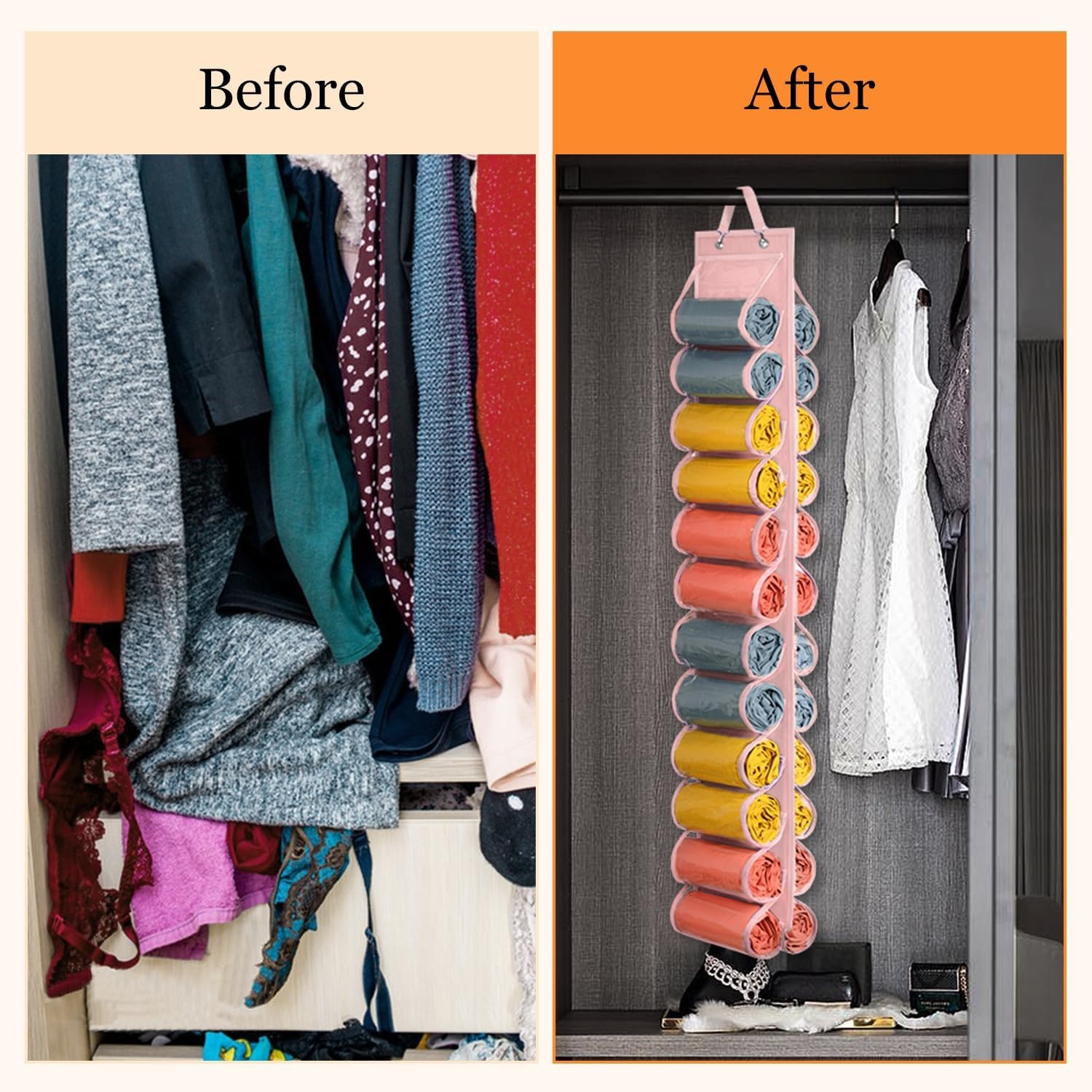 image:imageLirex Hanging Yoga Legging Storage Organizer with 24 Pockets Foldable Oxford Cloth Hanging Closet Organizer Shirts Jeans Storage Hanger Socks Holder for Family Closet Bedroom PinkPink