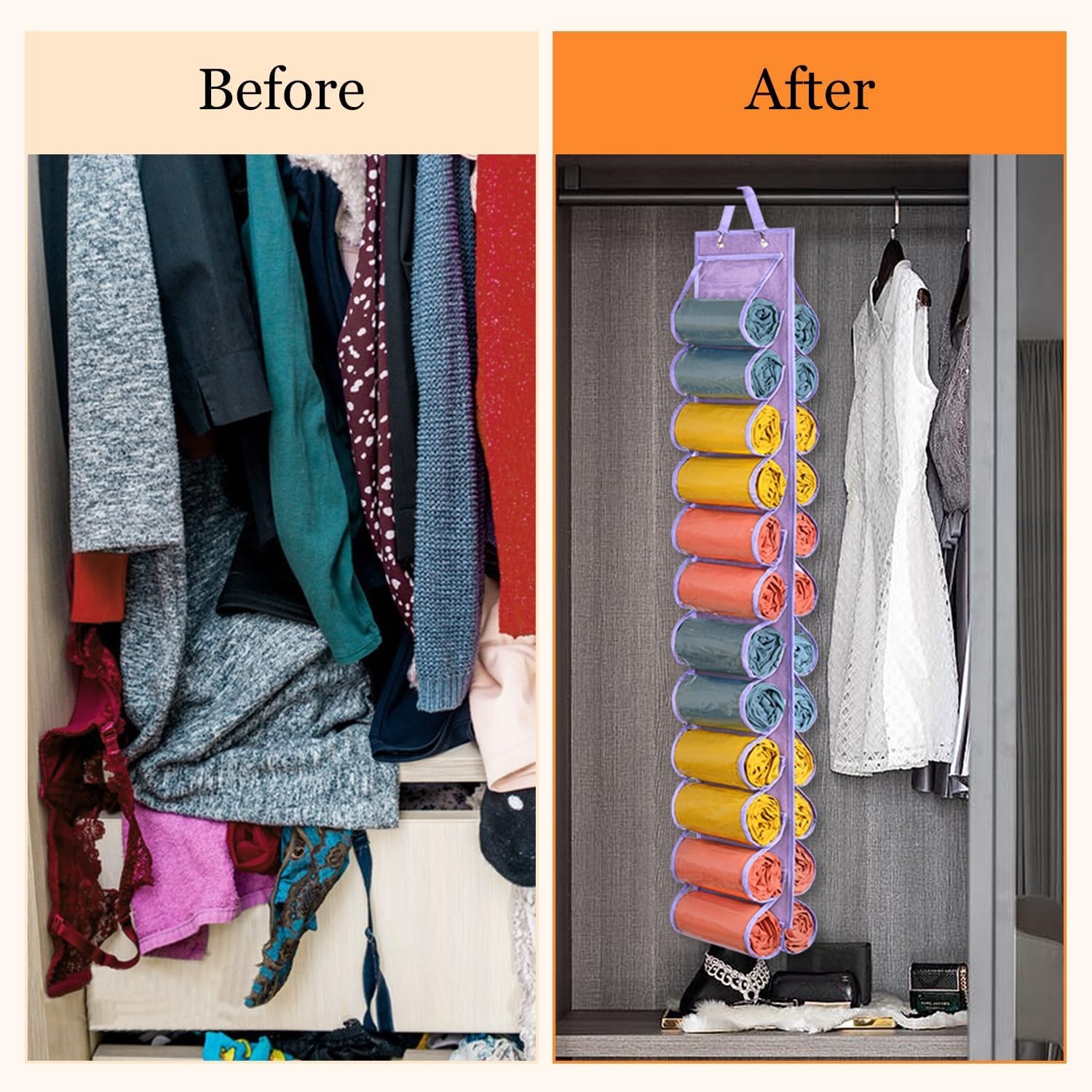 image:imageLirex Hanging Yoga Legging Storage Organizer with 24 Pockets Foldable Oxford Cloth Hanging Closet Organizer Shirts Jeans Storage Hanger Socks Holder for Family Closet Bedroom PinkPurple