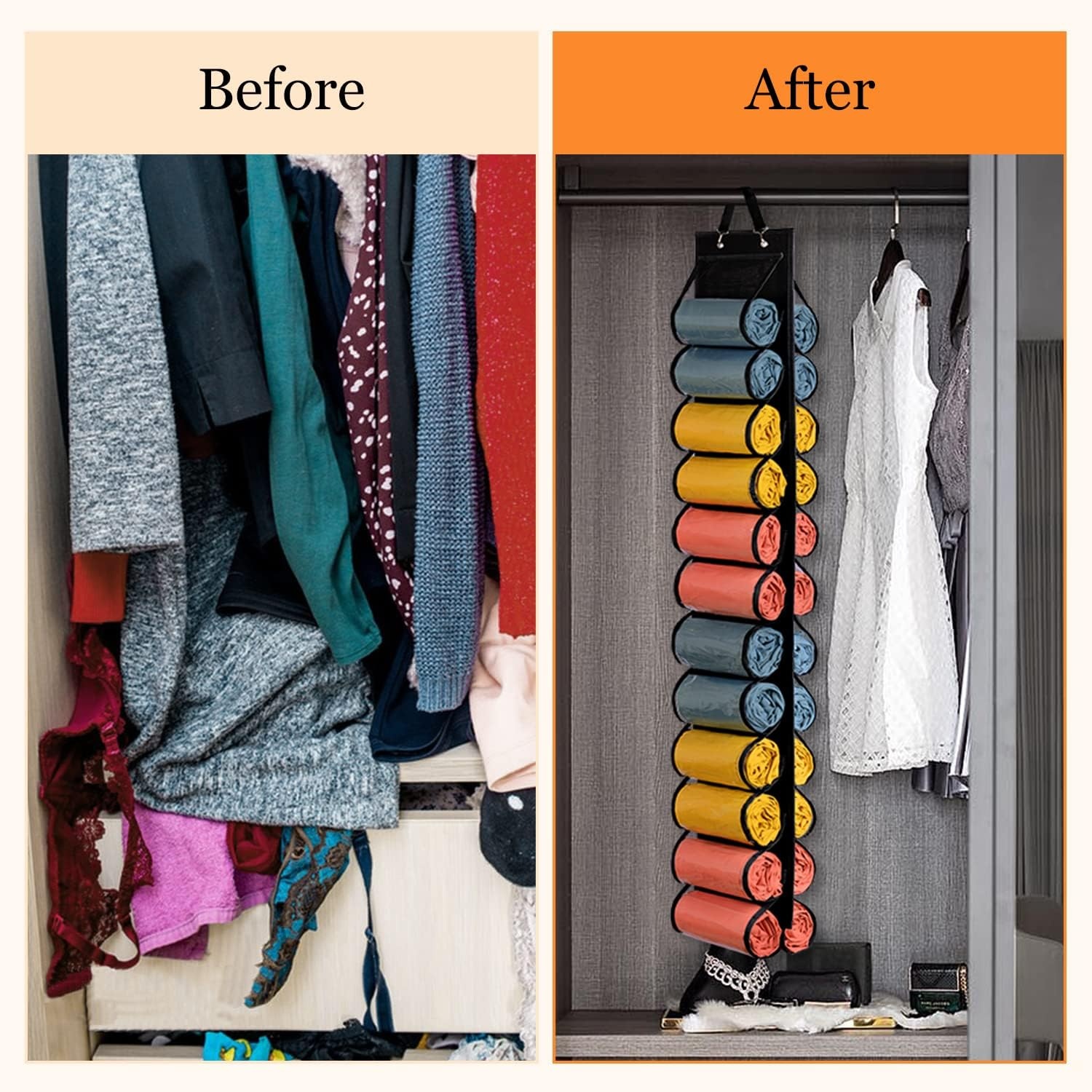image:imageLirex Hanging Yoga Legging Storage Organizer with 24 Pockets Foldable Oxford Cloth Hanging Closet Organizer Shirts Jeans Storage Hanger Socks Holder for Family Closet Bedroom PinkBlack