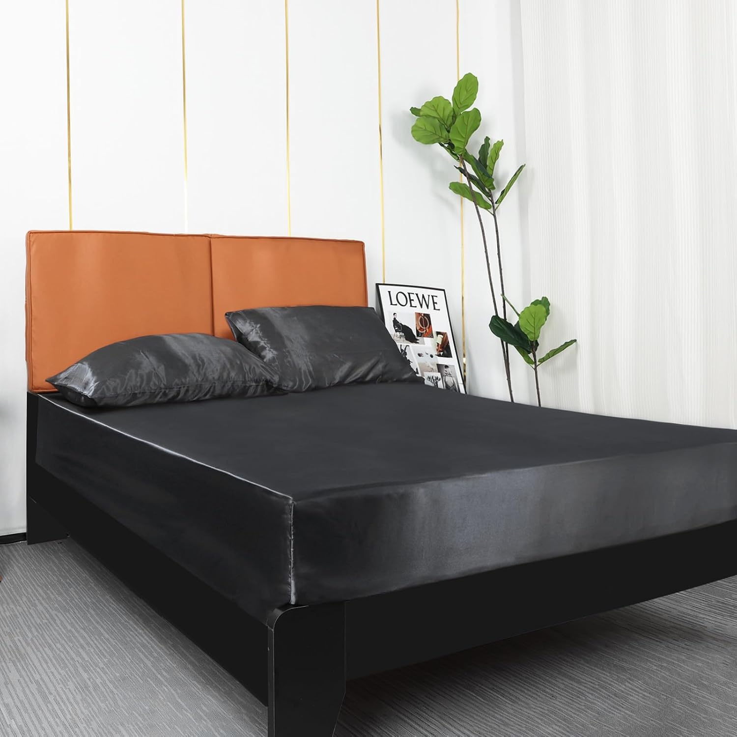 image:imageLirex King Size Satin Fitted Sheet Bundle Includes 14 Deep Pocket Fitted Sheet amp 2 Pack Pillowcases Black