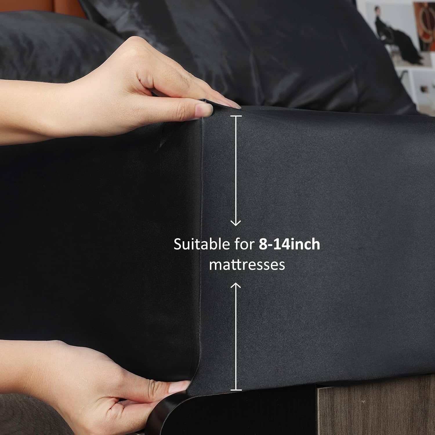 image:imageLirex King Size Satin Fitted Sheet Bundle Includes 14 Deep Pocket Fitted Sheet amp 2 Pack Pillowcases Black