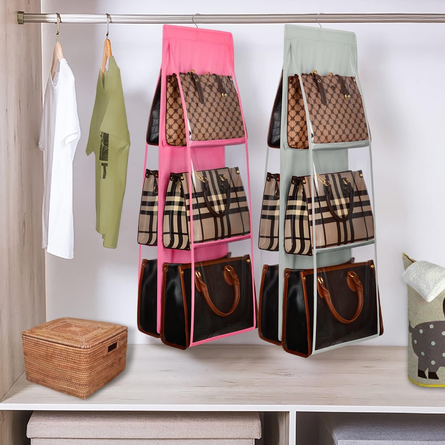 image:imageLirex Medium and Large Handbag Hanging Purse Organizer for Closet Handbag Storage Organizer Hanger Oxford Cloth Closet Organizer for Family Closet Bedroom Foldable and Universal Fit BlackGrey