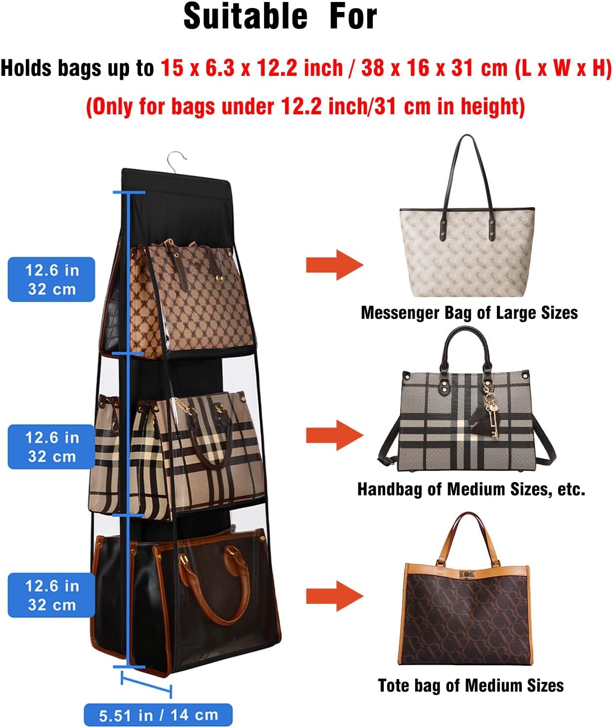 image:imageLirex Medium and Large Handbag Hanging Purse Organizer for Closet Handbag Storage Organizer Hanger Oxford Cloth Closet Organizer for Family Closet Bedroom Foldable and Universal Fit BlackBlack