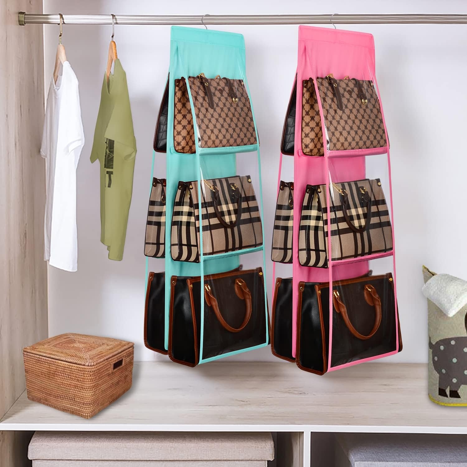 image:imageLirex Medium and Large Handbag Hanging Purse Organizer for Closet Handbag Storage Organizer Hanger Oxford Cloth Closet Organizer for Family Closet Bedroom Foldable and Universal Fit BlackLight Blue