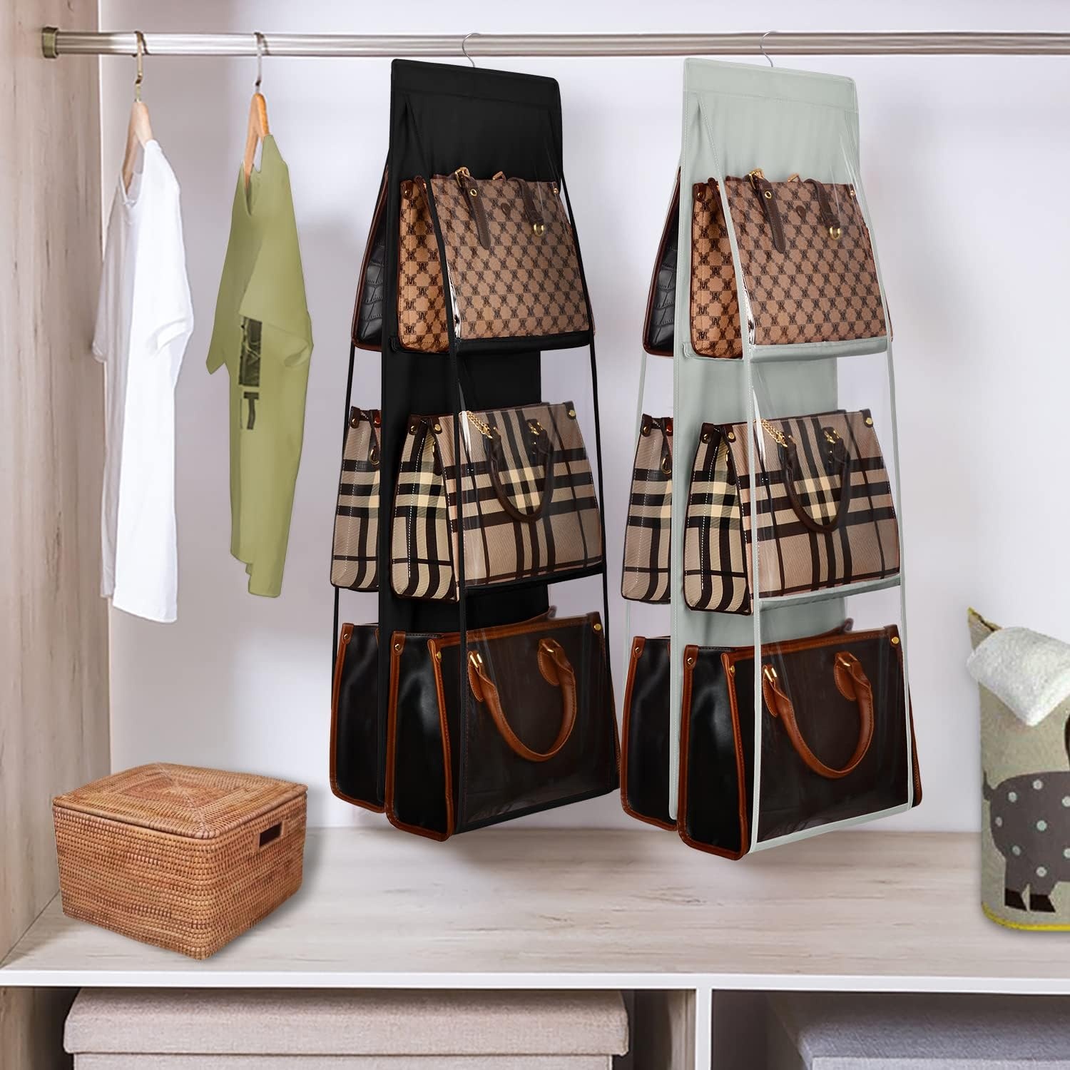 image:imageLirex Medium and Large Handbag Hanging Purse Organizer for Closet Handbag Storage Organizer Hanger Oxford Cloth Closet Organizer for Family Closet Bedroom Foldable and Universal Fit BlackBlack