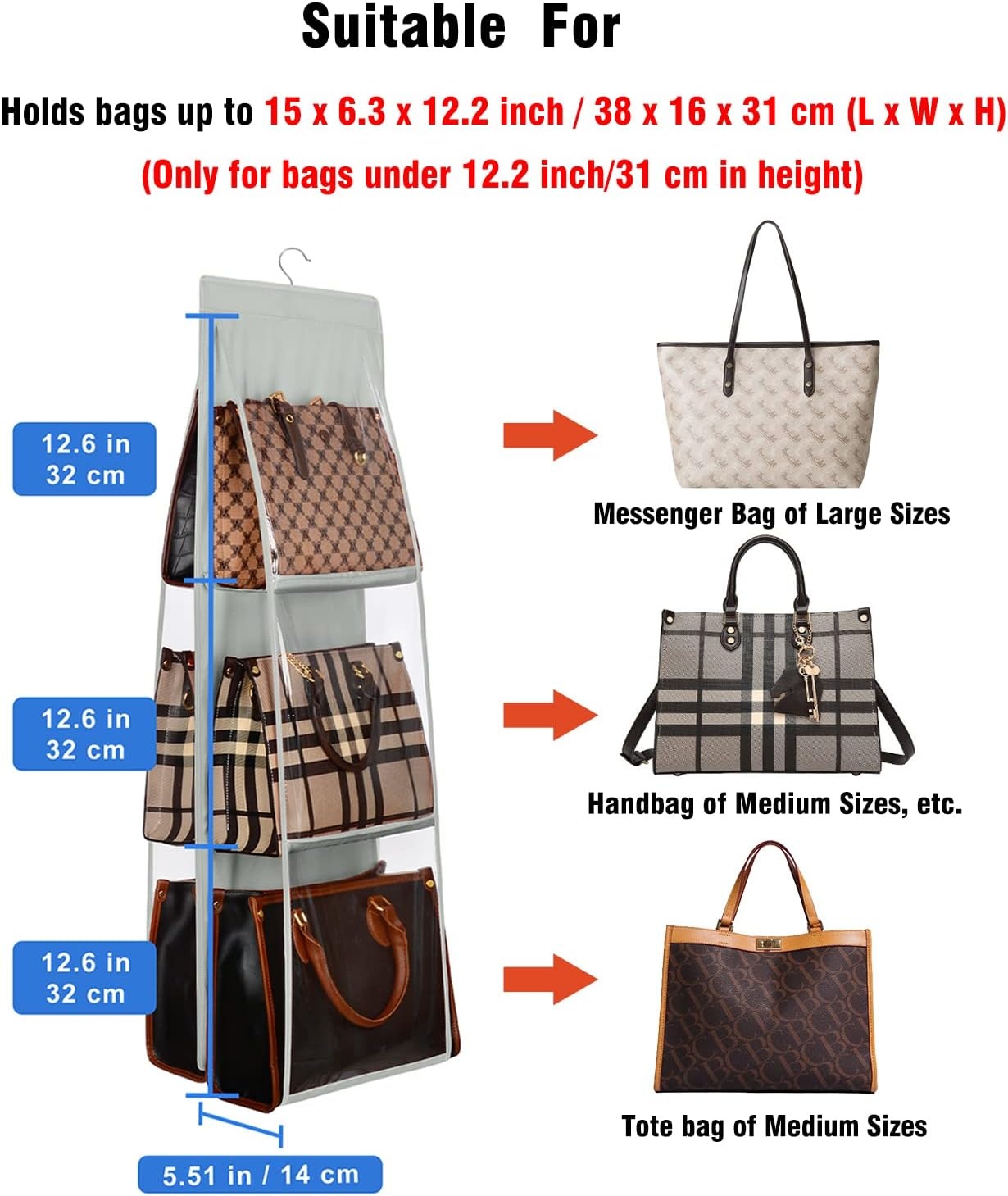 image:imageLirex Medium and Large Handbag Hanging Purse Organizer for Closet Handbag Storage Organizer Hanger Oxford Cloth Closet Organizer for Family Closet Bedroom Foldable and Universal Fit BlackGrey