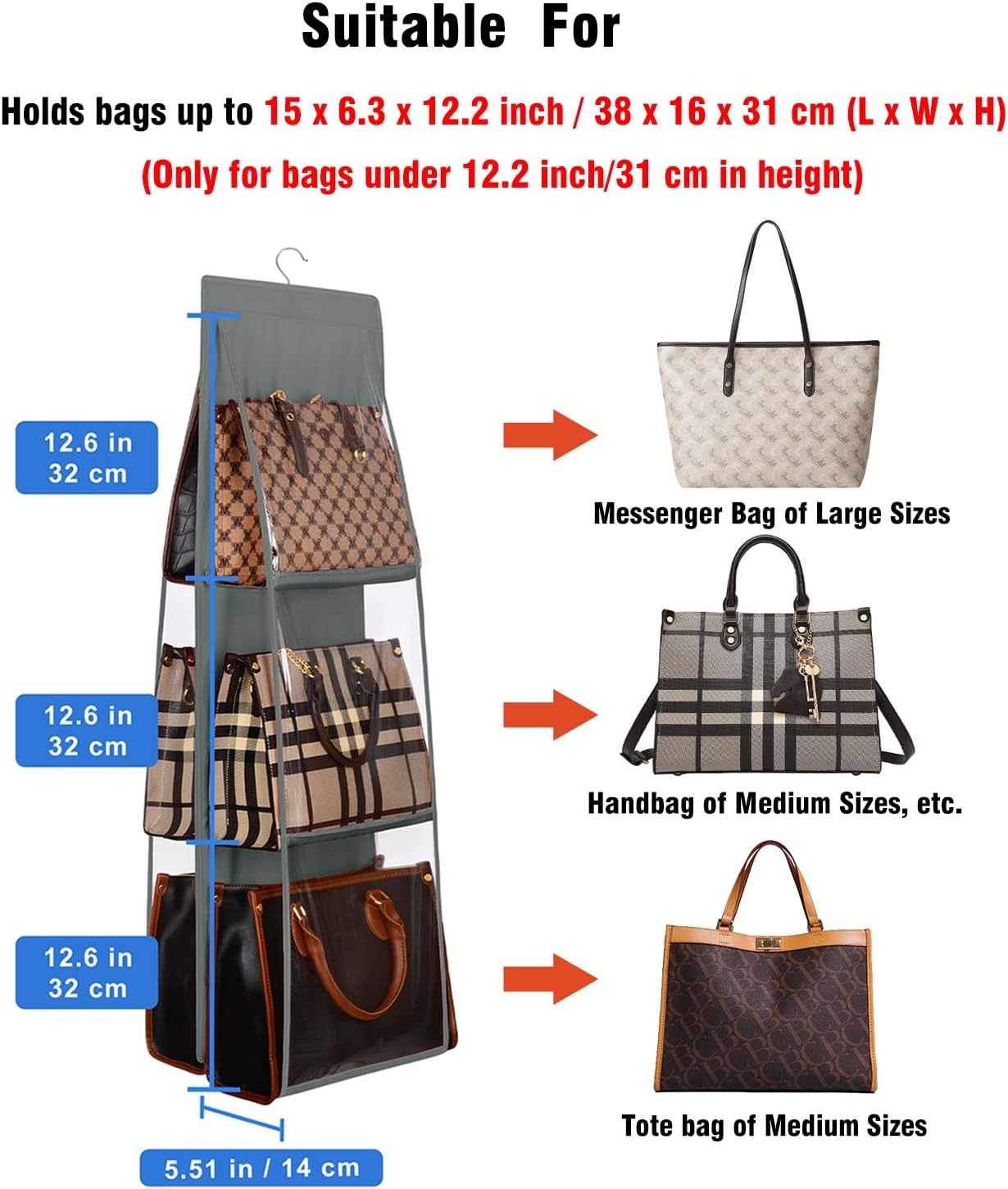 image:imageLirex Medium and Large Handbag Hanging Purse Organizer for Closet Handbag Storage Organizer Hanger Oxford Cloth Closet Organizer for Family Closet Bedroom Foldable and Universal Fit BlackDark Grey
