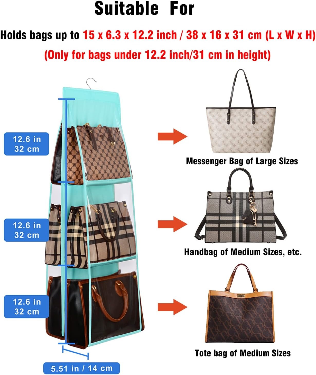 image:imageLirex Medium and Large Handbag Hanging Purse Organizer for Closet Handbag Storage Organizer Hanger Oxford Cloth Closet Organizer for Family Closet Bedroom Foldable and Universal Fit BlackLight Blue