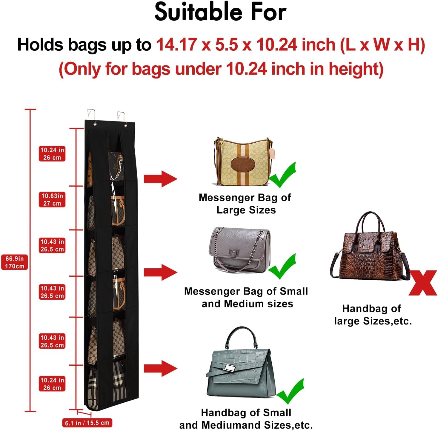 image:imageLirex Over The Door Purse Organizer SpaceSaving Medium and Large Handbag Storage Organizer Clothing Closet Hanger GreyBlack