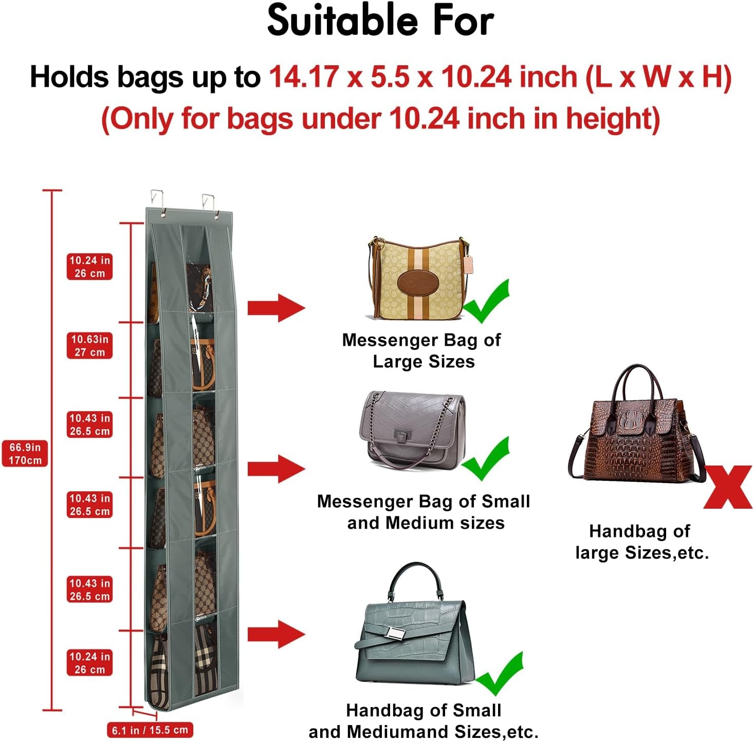 image:imageLirex Over The Door Purse Organizer SpaceSaving Medium and Large Handbag Storage Organizer Clothing Closet Hanger GreyDark Grey